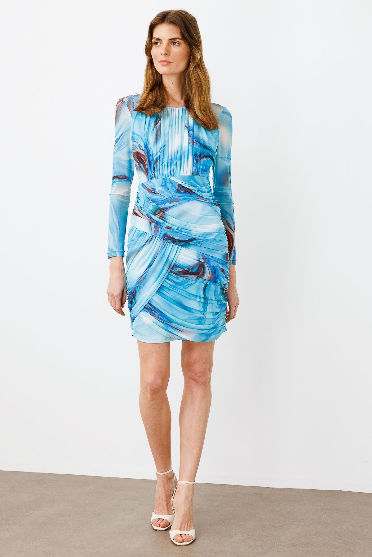 Modailgi  Reglan Kol Yuvarlak Yaka Büzgülü Kısa Tül Elbise Mavi