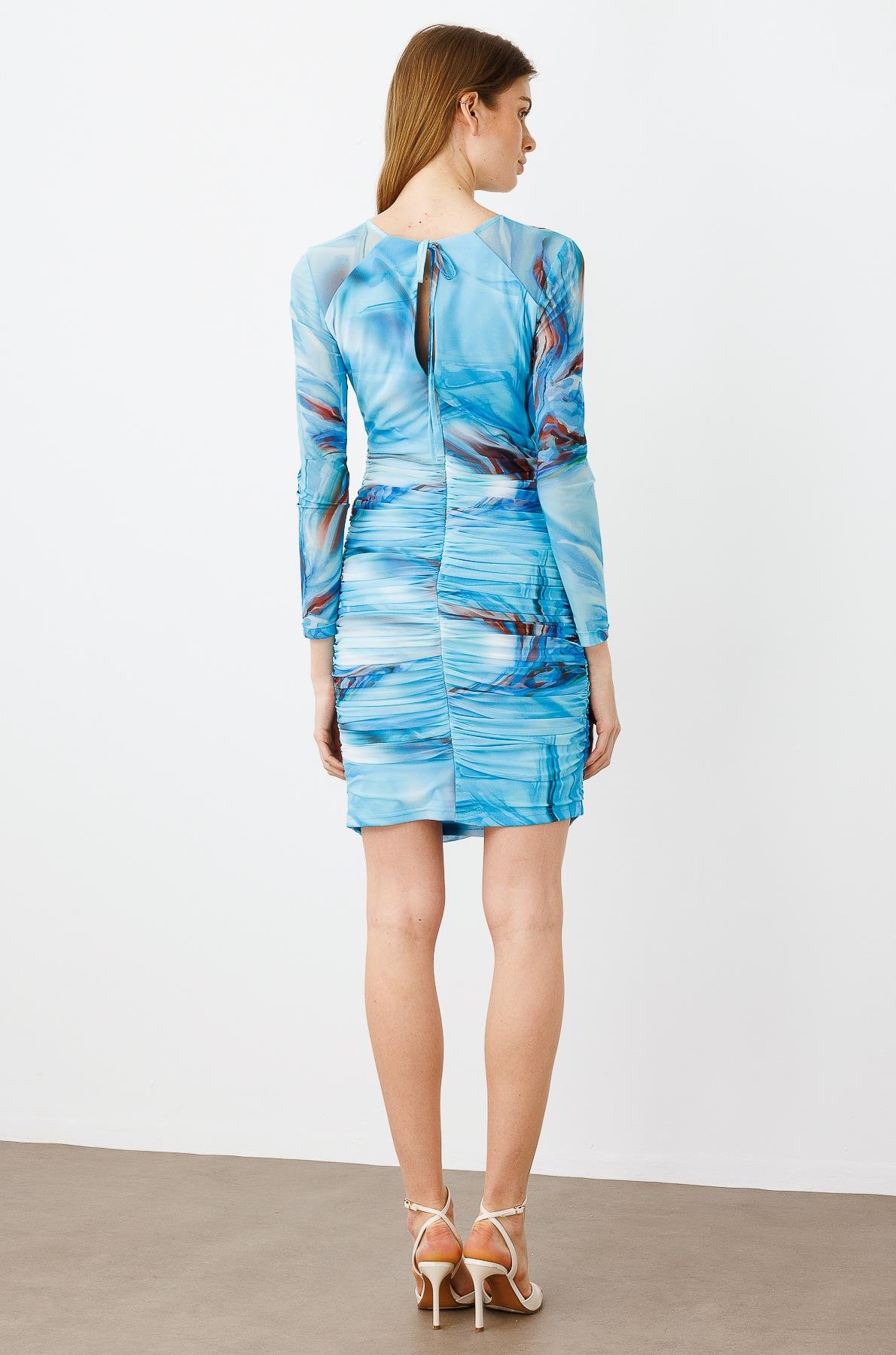 Modailgi  Reglan Kol Yuvarlak Yaka Büzgülü Kısa Tül Elbise Mavi