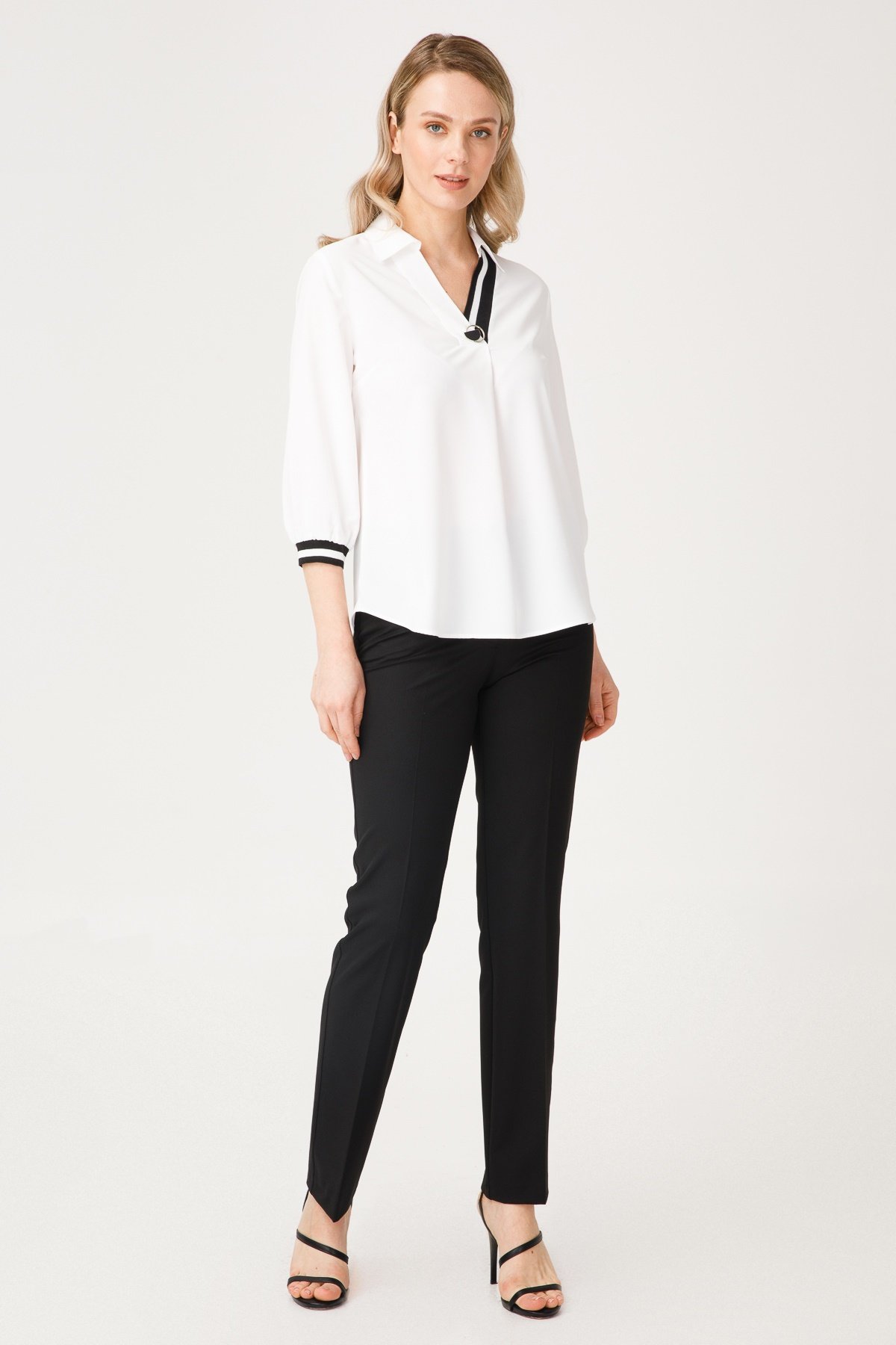 Modailgi  Ribanalı V Yaka Bluz Ekru