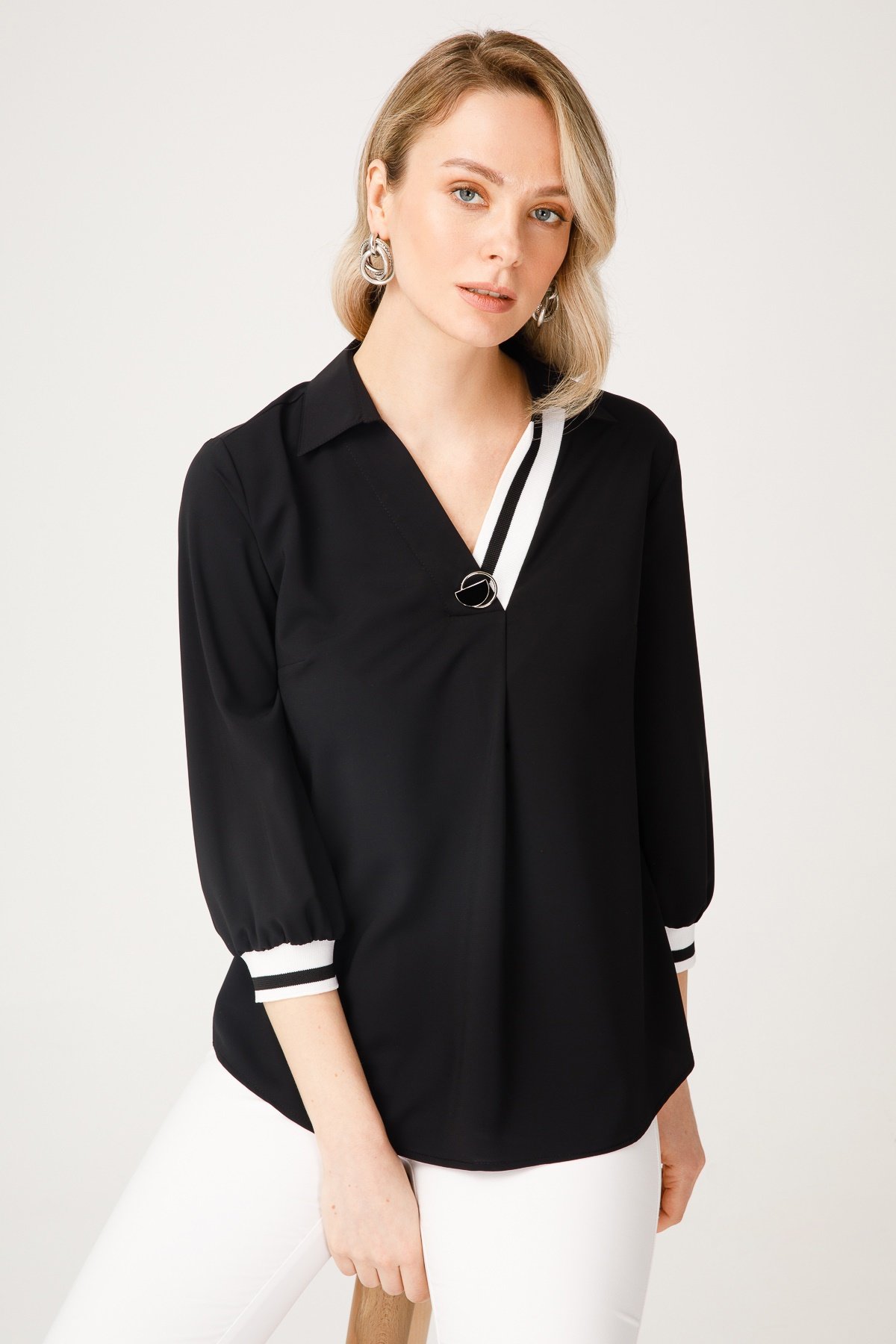 Modailgi  Ribanalı V Yaka Bluz Siyah