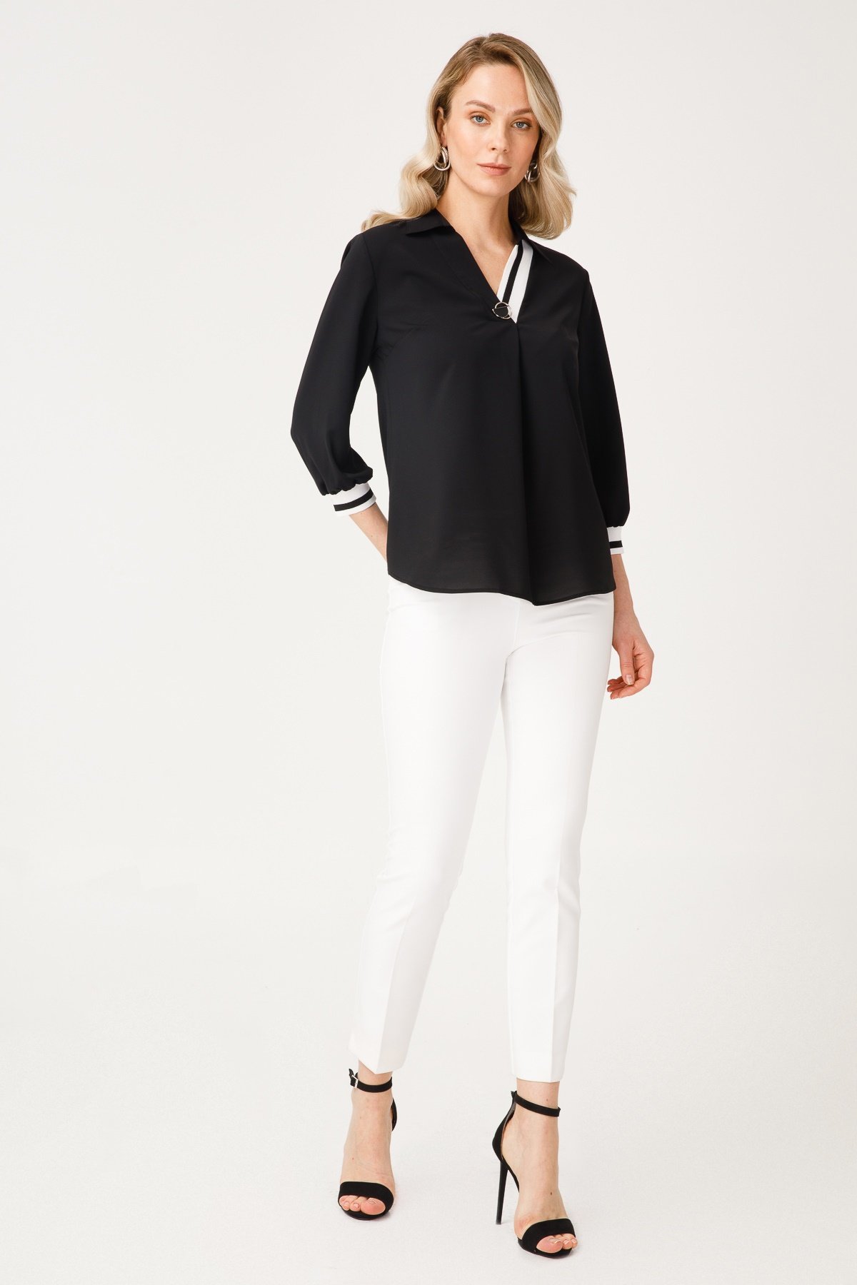 Modailgi  Ribanalı V Yaka Bluz Siyah