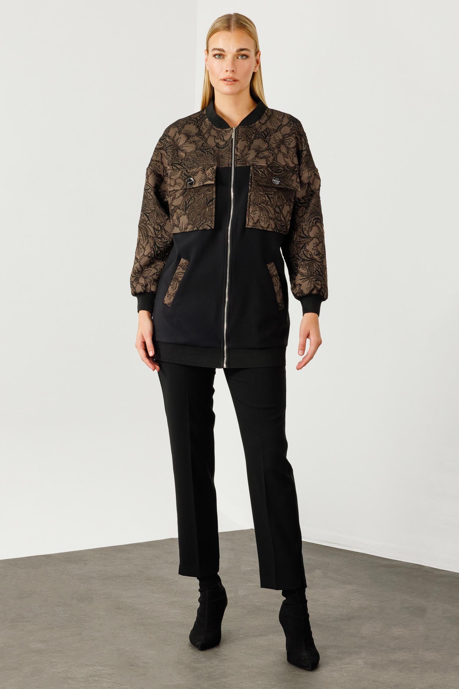 Modailgi  Ribanalı ve Düz Kumaş Garnili Fermuarlı Sıfır Yaka Jakar Mont Kahve