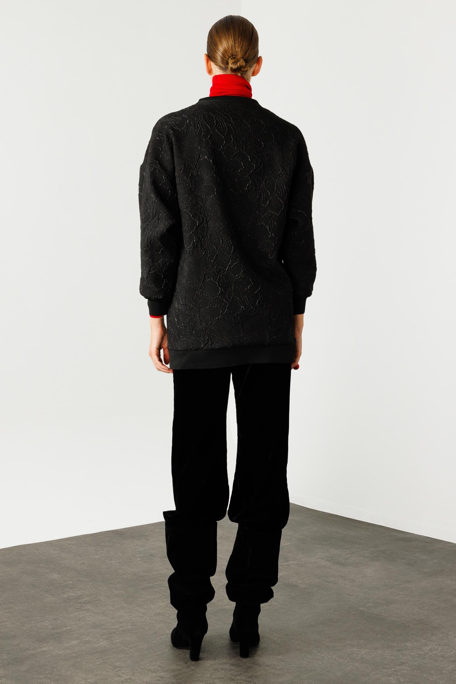 Modailgi  Ribanalı ve Düz Kumaş Garnili Fermuarlı Sıfır Yaka Jakar Mont Siyah