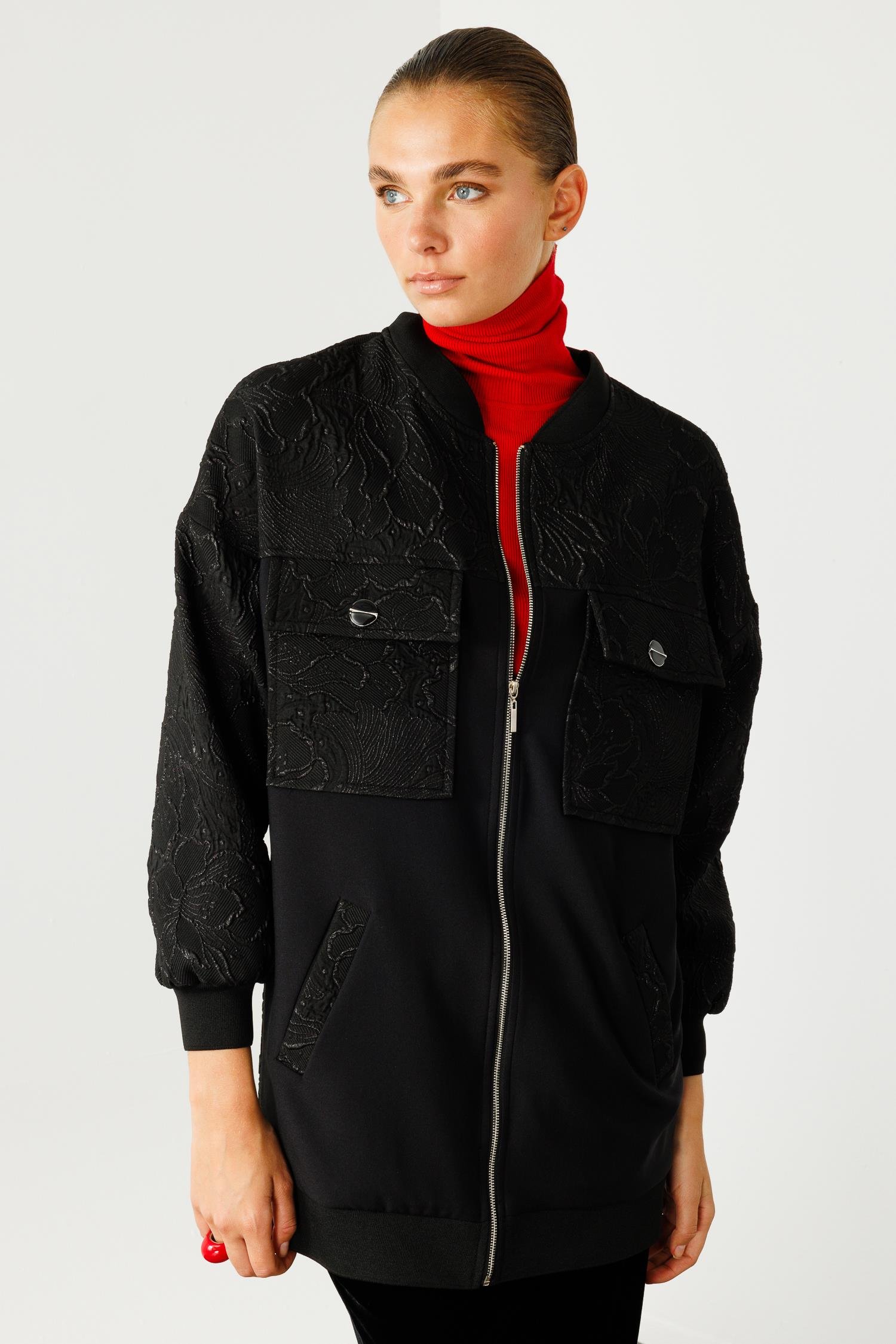 Modailgi  Ribanalı ve Düz Kumaş Garnili Fermuarlı Sıfır Yaka Jakar Mont Siyah