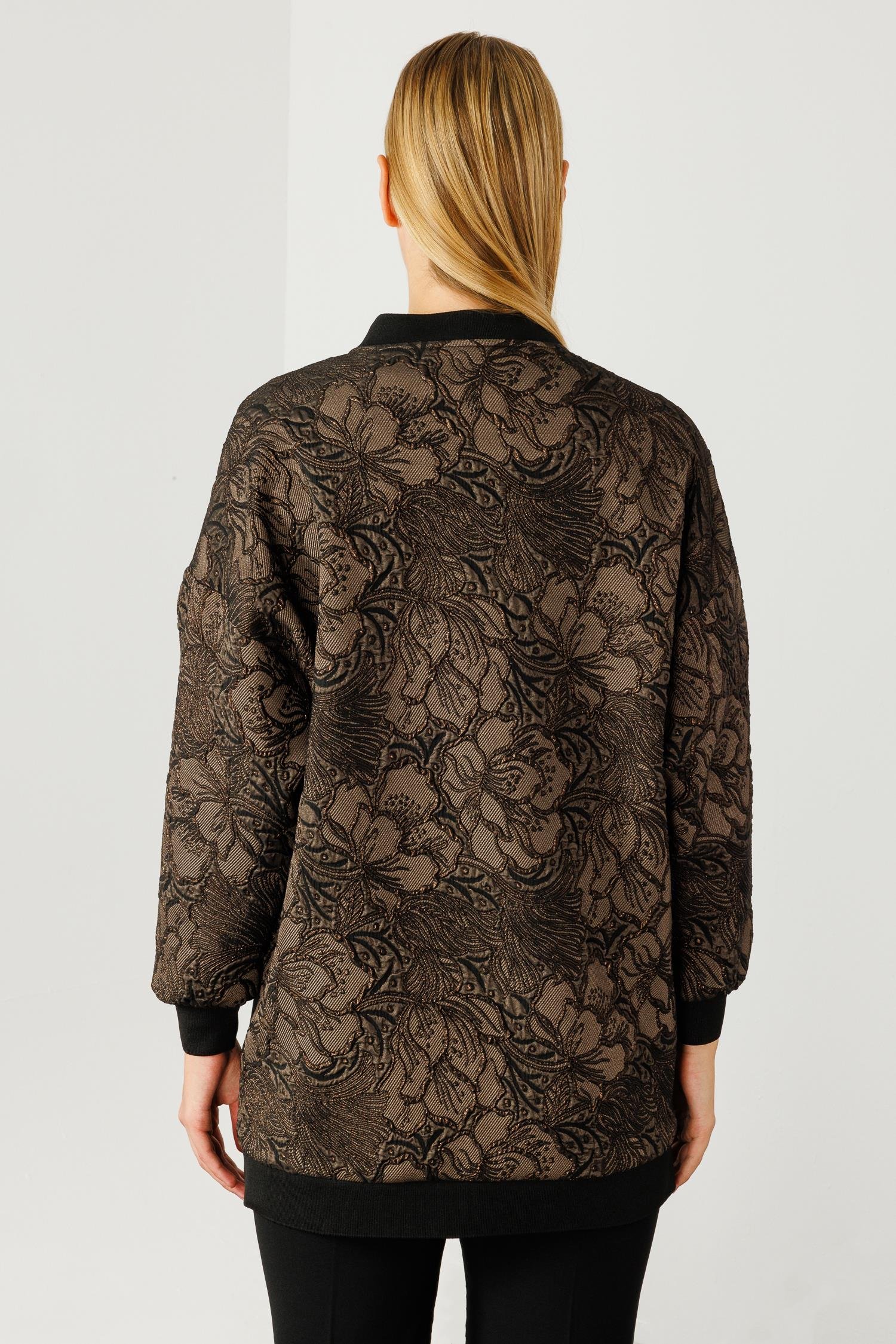 Modailgi  Ribanalı ve Düz Kumaş Garnili Fermuarlı Sıfır Yaka Jakar Mont Kahve