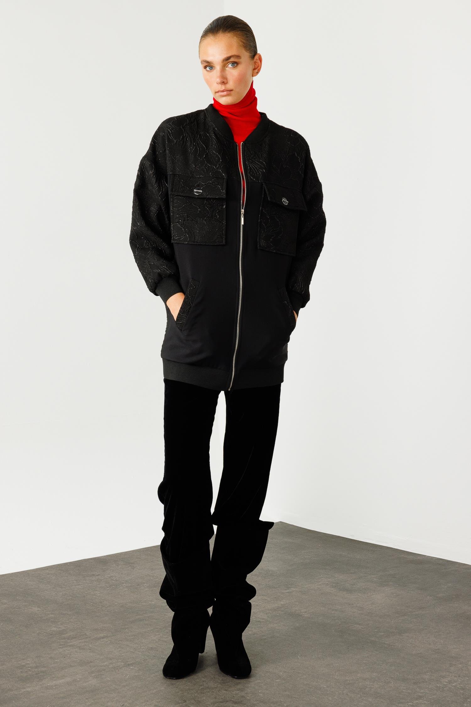 Modailgi  Ribanalı ve Düz Kumaş Garnili Fermuarlı Sıfır Yaka Jakar Mont Siyah