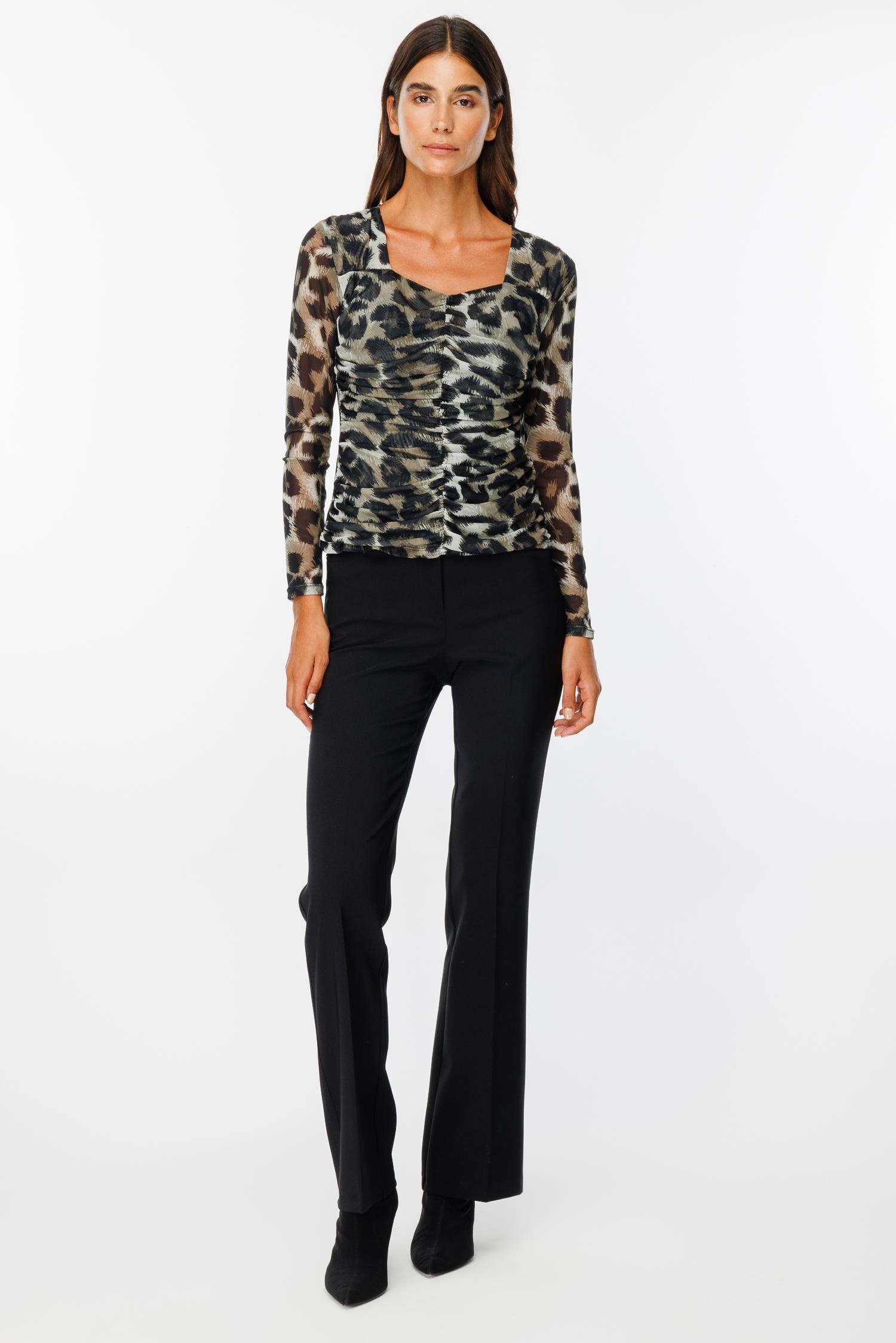 Modailgi  Robalı Önden Büzgülü Leopar Desen Bluz Haki