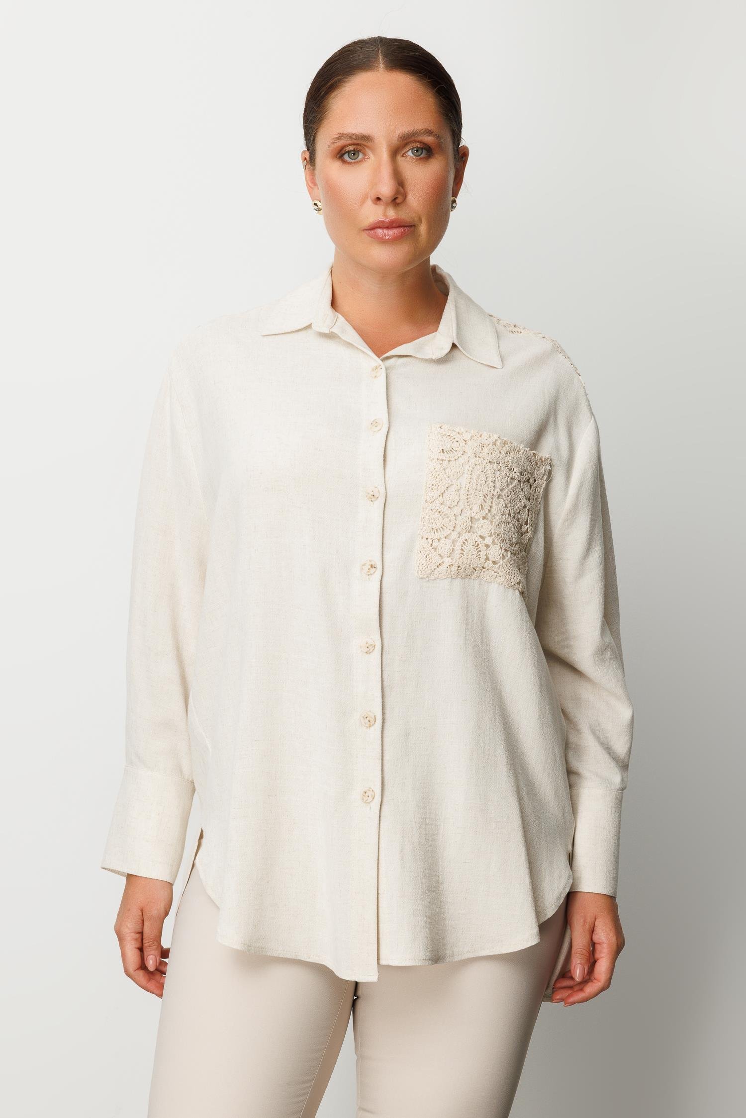 Modailgi  Robası ve Cebi Güpür Detaylı Oversize Keten Gömlek Taş