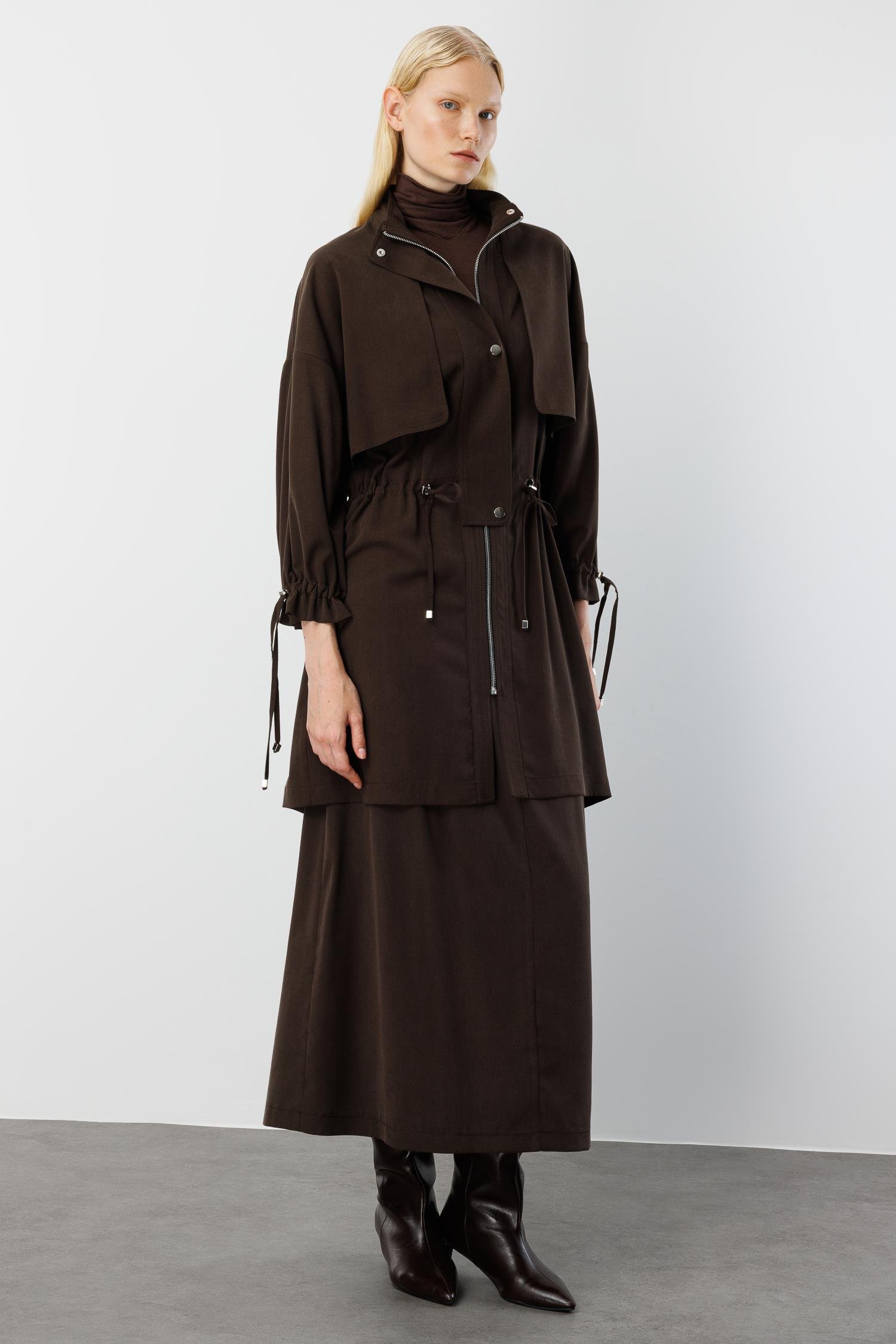 Modailgi  Rüzgarlıklı Beli Büzgülü Tunik Kahve