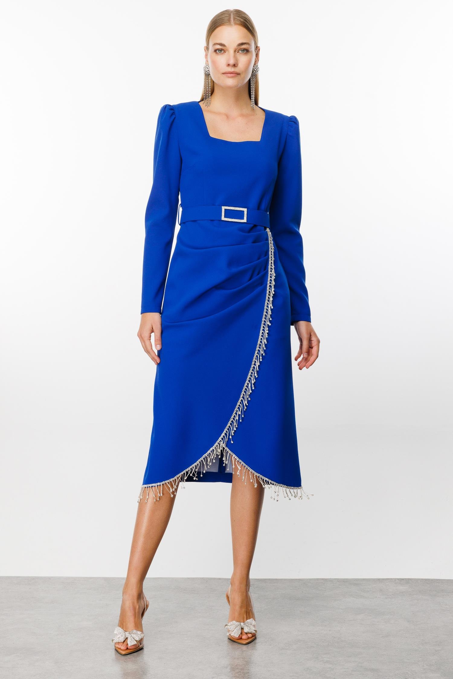 Modailgi  Saçak Taş Detaylı Anvelop Elbise Saks