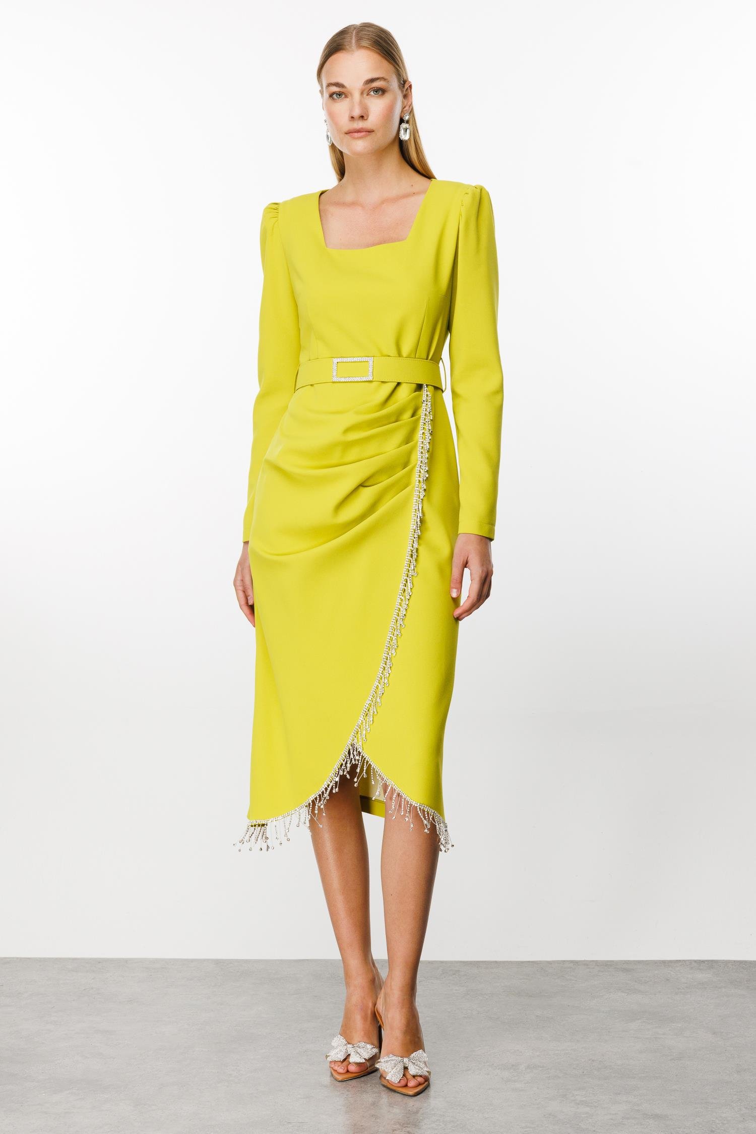 Modailgi  Saçak Taş Detaylı Anvelop Elbise Asit