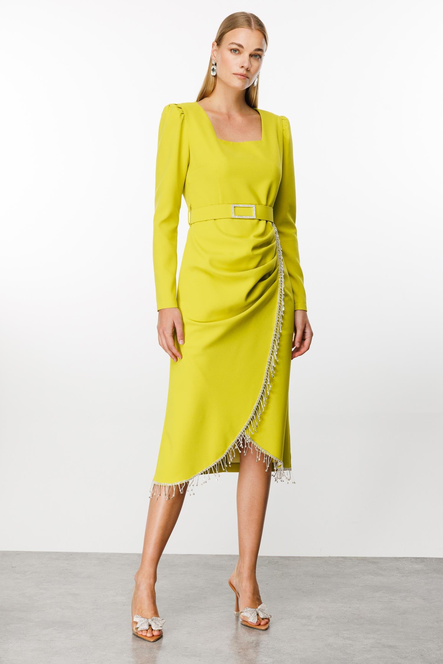 Modailgi  Saçak Taş Detaylı Anvelop Elbise Asit