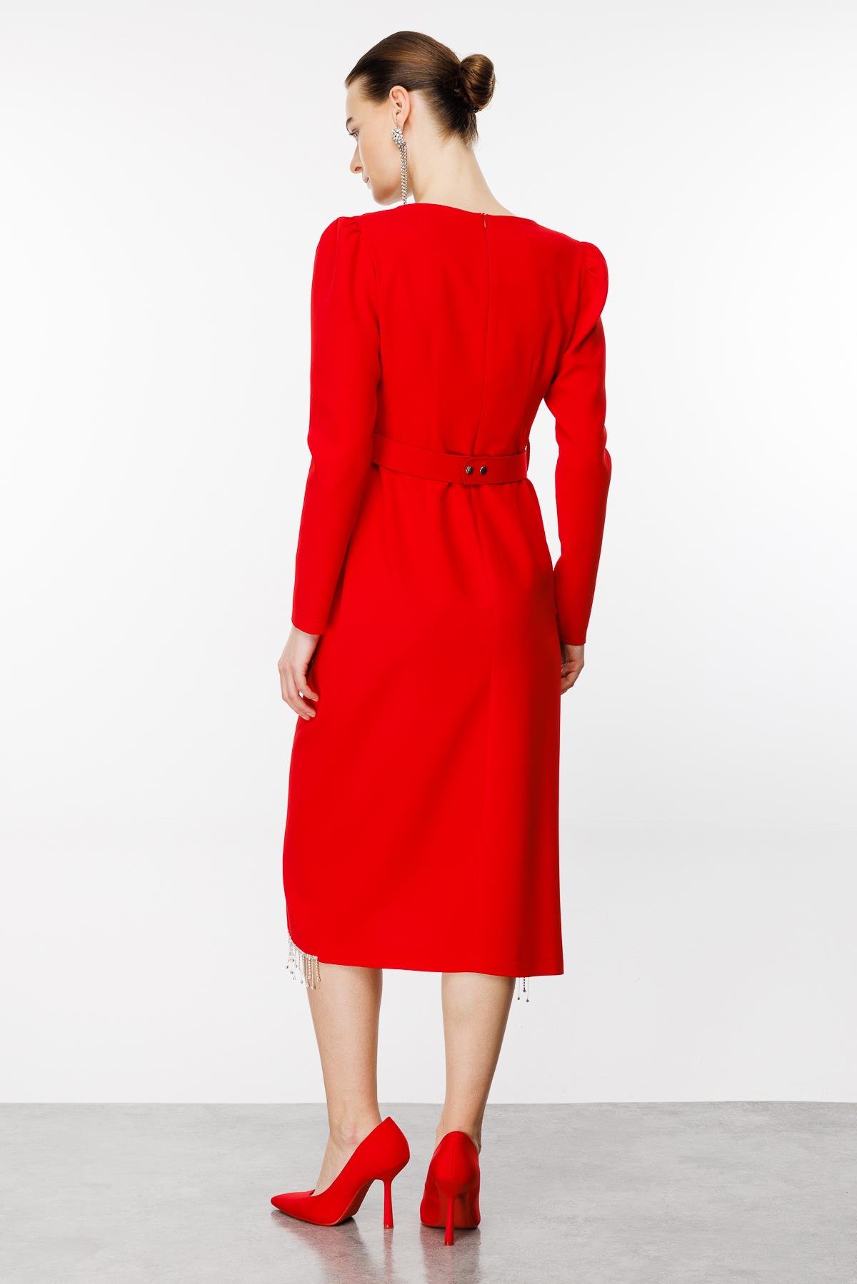 Modailgi  Saçak Taş Detaylı Anvelop Elbise Kırmızı
