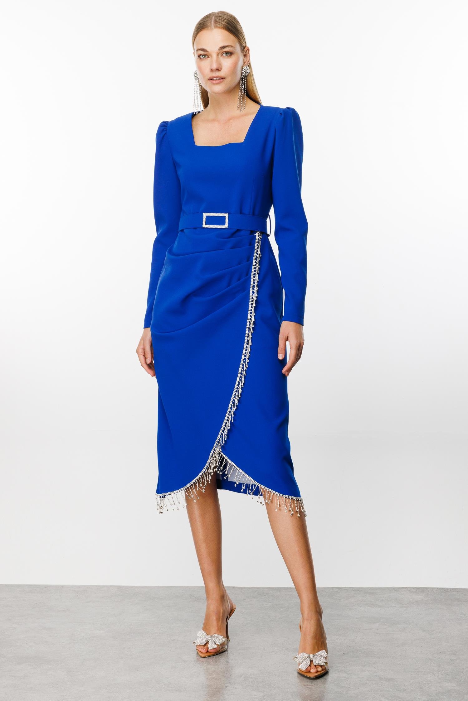 Modailgi  Saçak Taş Detaylı Anvelop Elbise Saks