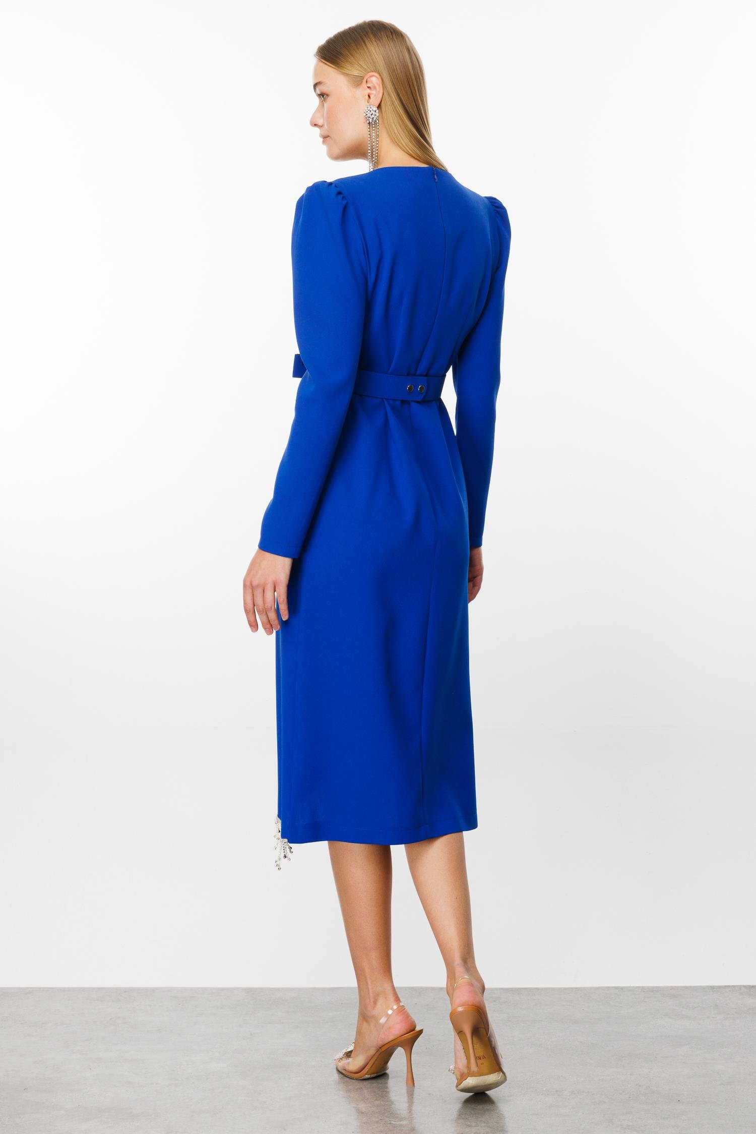 Modailgi  Saçak Taş Detaylı Anvelop Elbise Saks