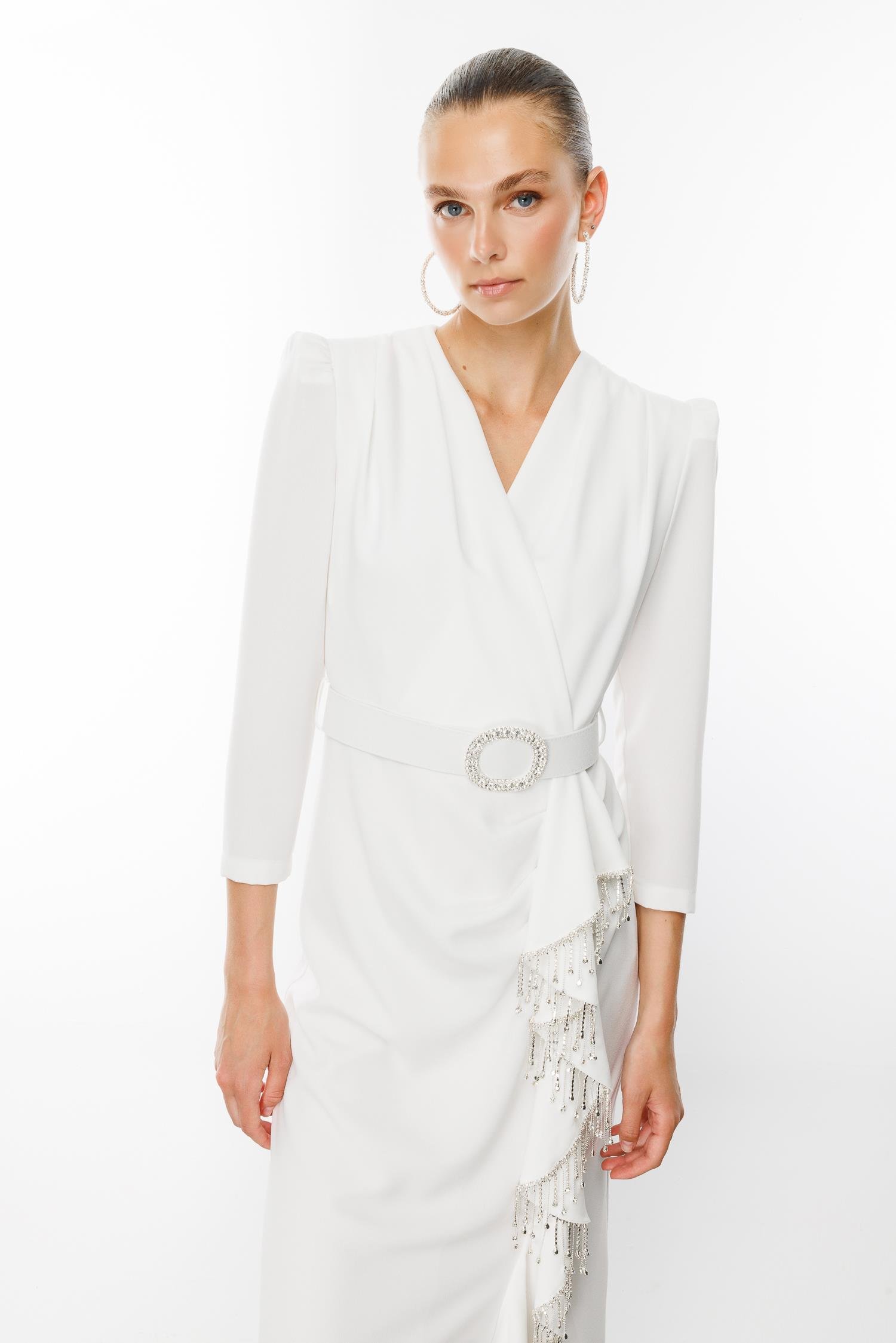 Modailgi  Saçak Taşlı Kruvaze Elbise Ekru