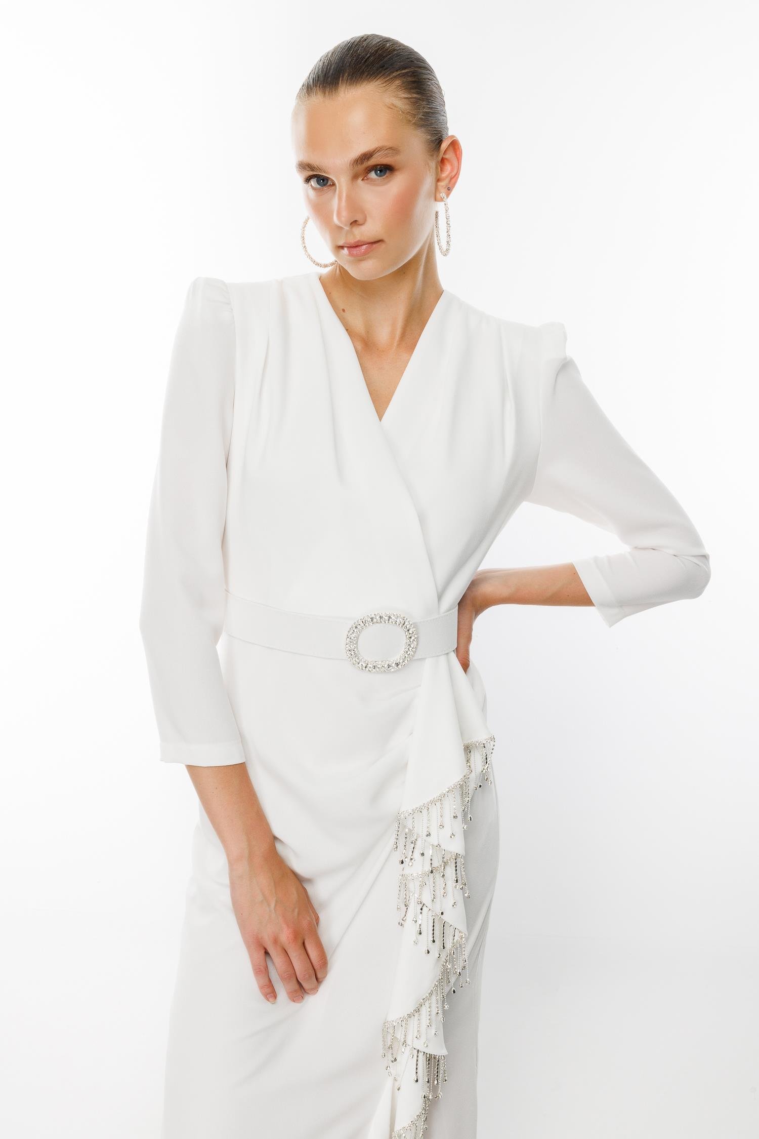 Modailgi  Saçak Taşlı Kruvaze Elbise Ekru