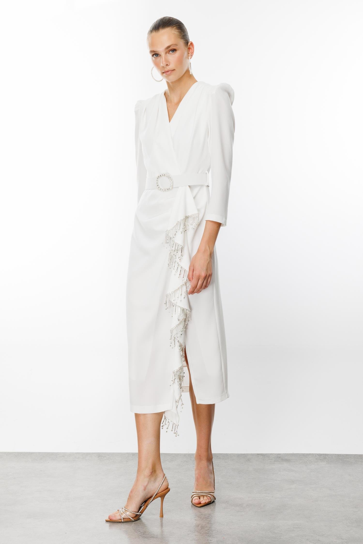 Modailgi  Saçak Taşlı Kruvaze Elbise Ekru