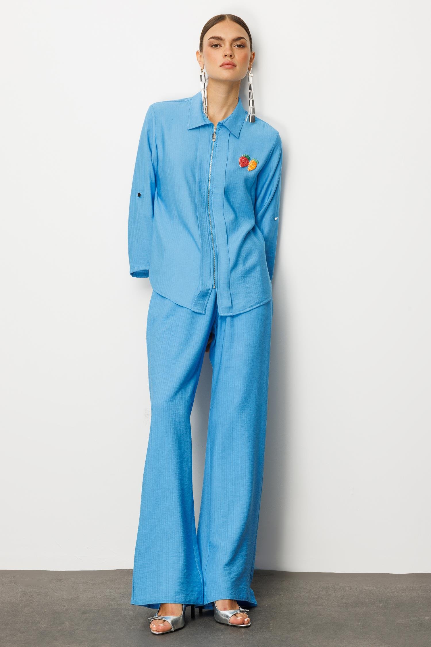 Modailgi  Safari Kol Önü Fermuar Kapamalı Aksesuar Detaylı Rahat Kesim Gömlek Mavi