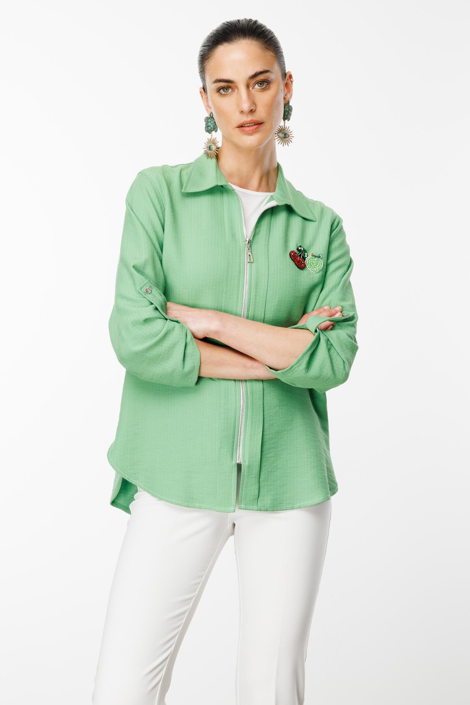 Modailgi  Safari Kol Önü Fermuar Kapamalı Aksesuar Detaylı Rahat Kesim Gömlek Yeşil