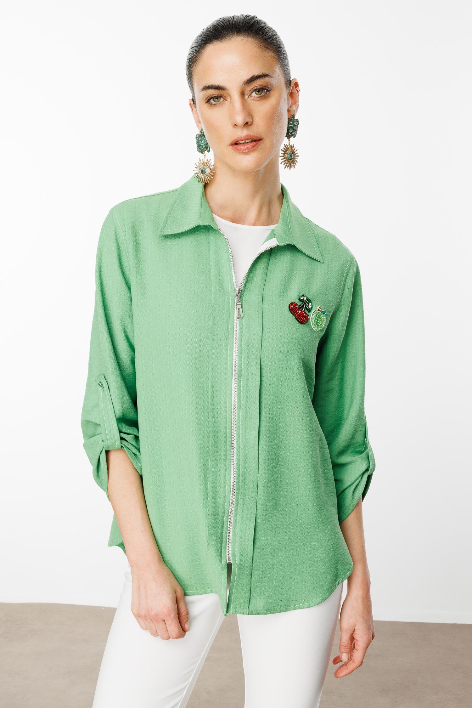 Modailgi  Safari Kol Önü Fermuar Kapamalı Aksesuar Detaylı Rahat Kesim Gömlek Yeşil