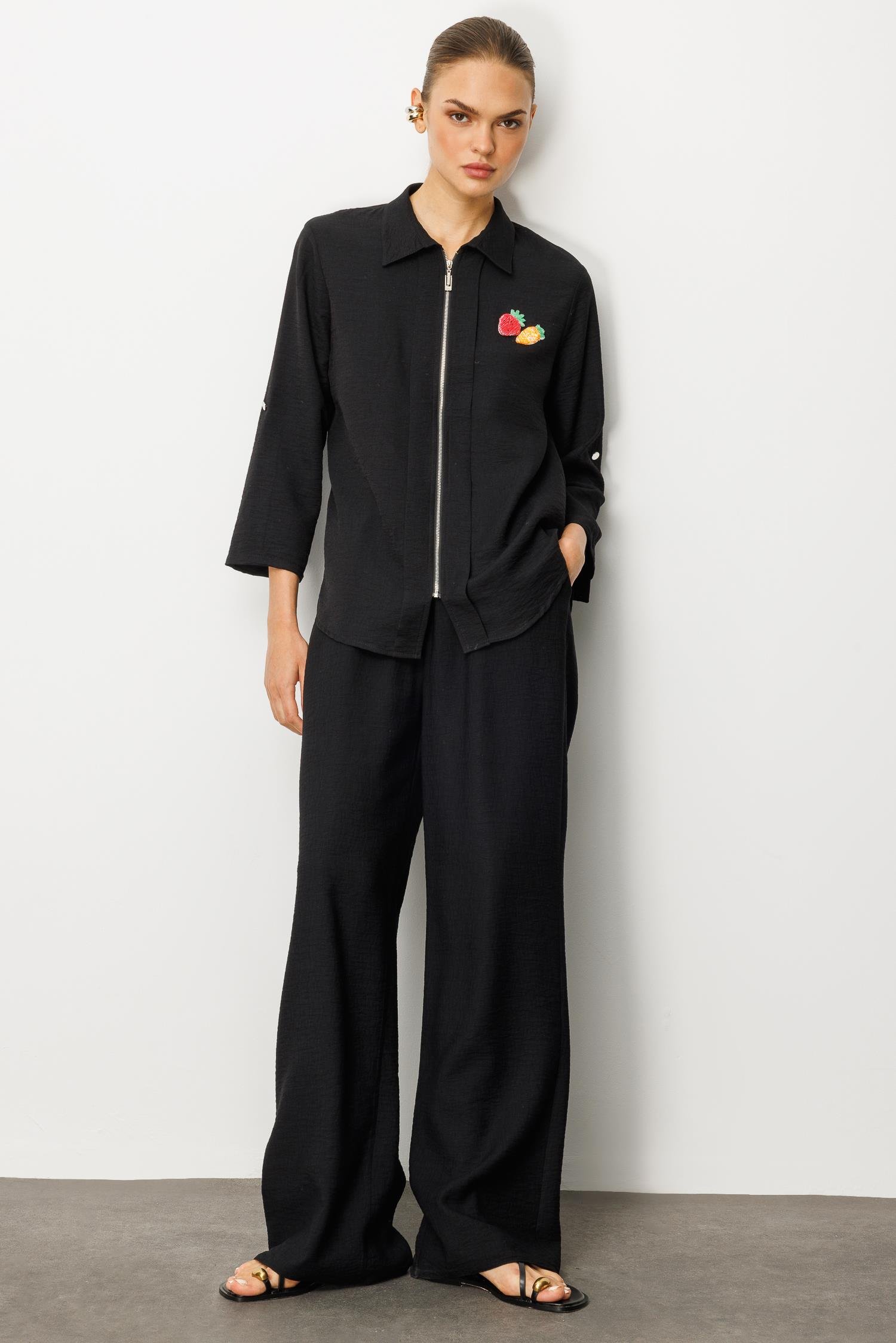 Modailgi  Safari Kol Önü Fermuar Kapamalı Aksesuar Detaylı Rahat Kesim Gömlek Siyah