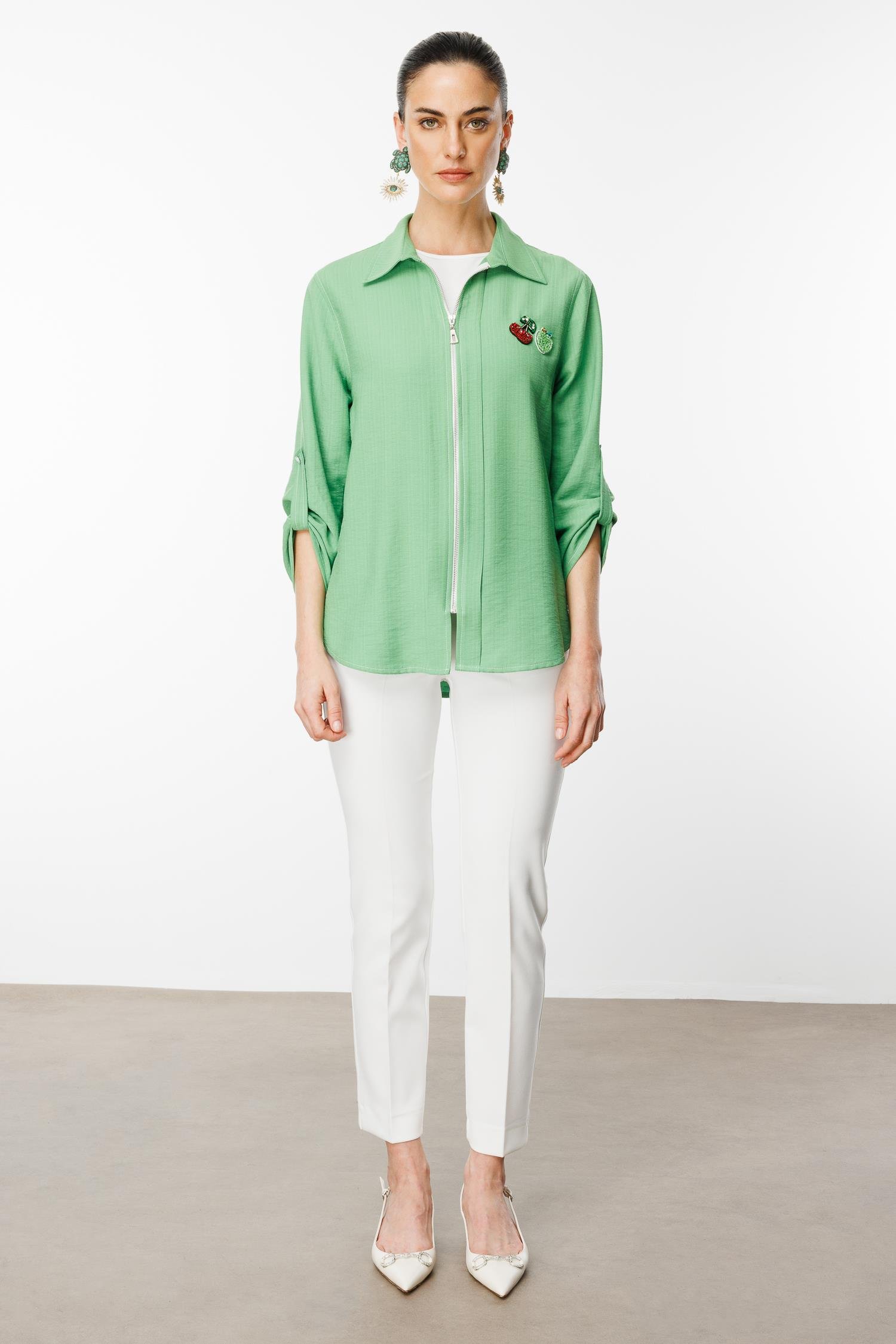 Modailgi  Safari Kol Önü Fermuar Kapamalı Aksesuar Detaylı Rahat Kesim Gömlek Yeşil