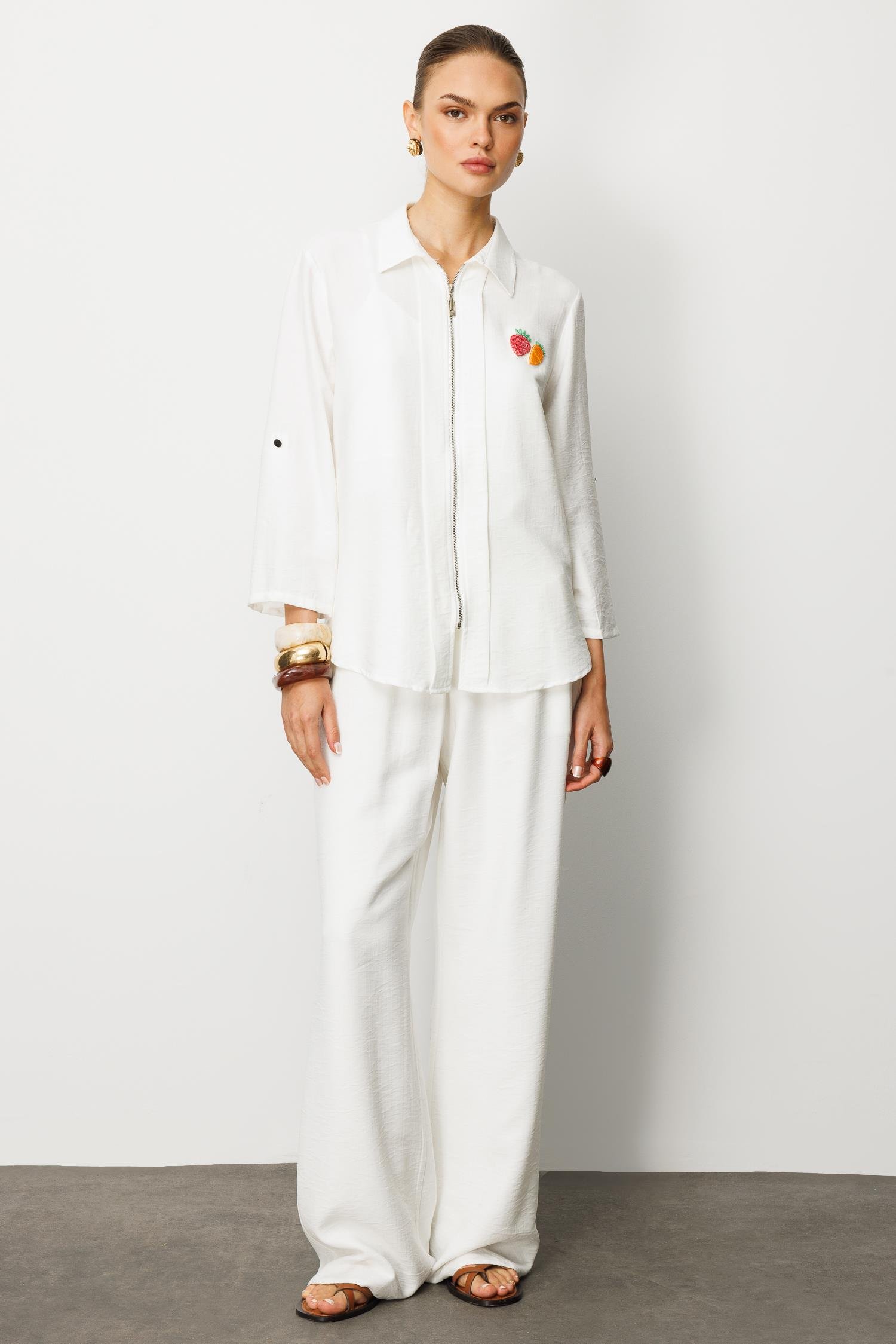 Modailgi  Safari Kol Önü Fermuar Kapamalı Aksesuar Detaylı Rahat Kesim Gömlek Ekru