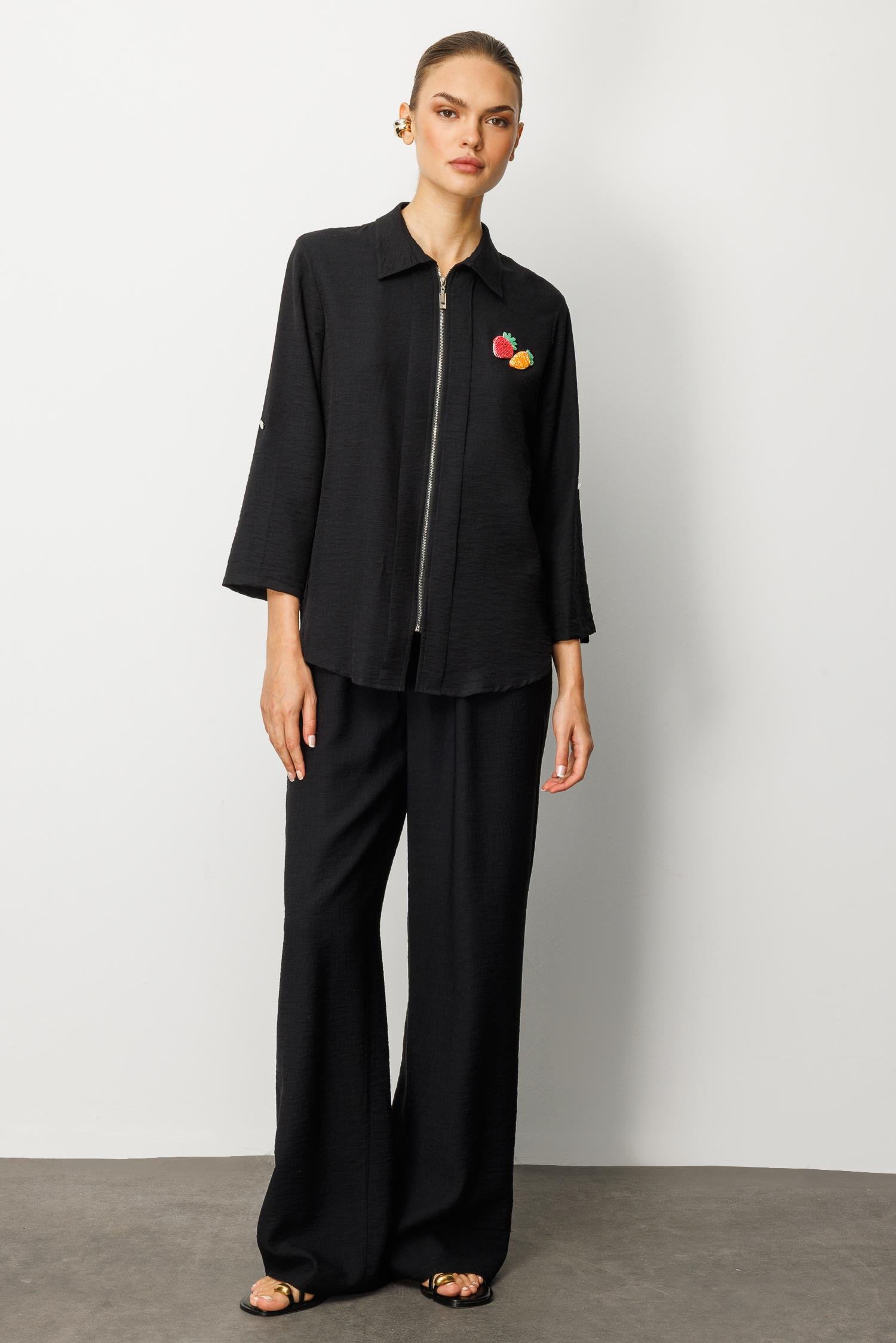 Modailgi  Safari Kol Önü Fermuar Kapamalı Aksesuar Detaylı Rahat Kesim Gömlek Siyah