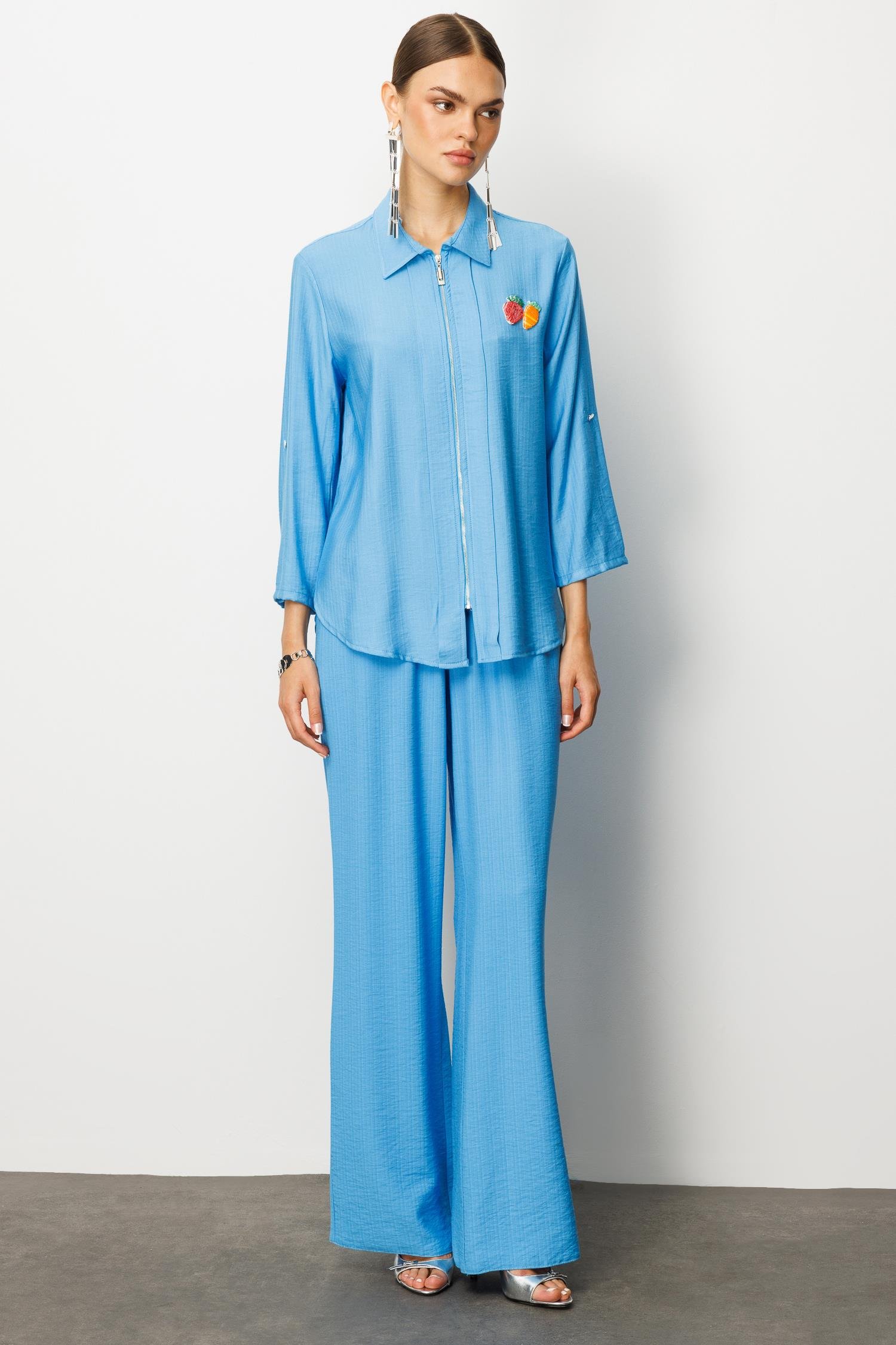 Modailgi  Safari Kol Önü Fermuar Kapamalı Aksesuar Detaylı Rahat Kesim Gömlek Mavi