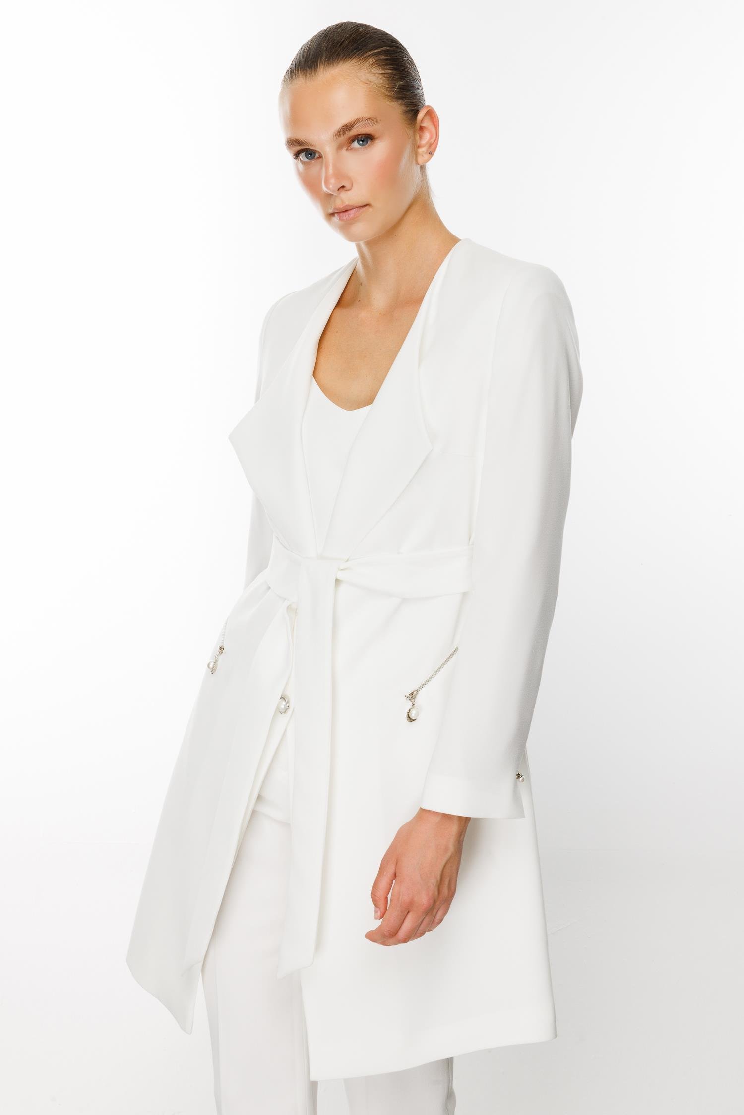 Modailgi  Şal Yaka Belden Kuşaklı Uzun Ceket Ekru