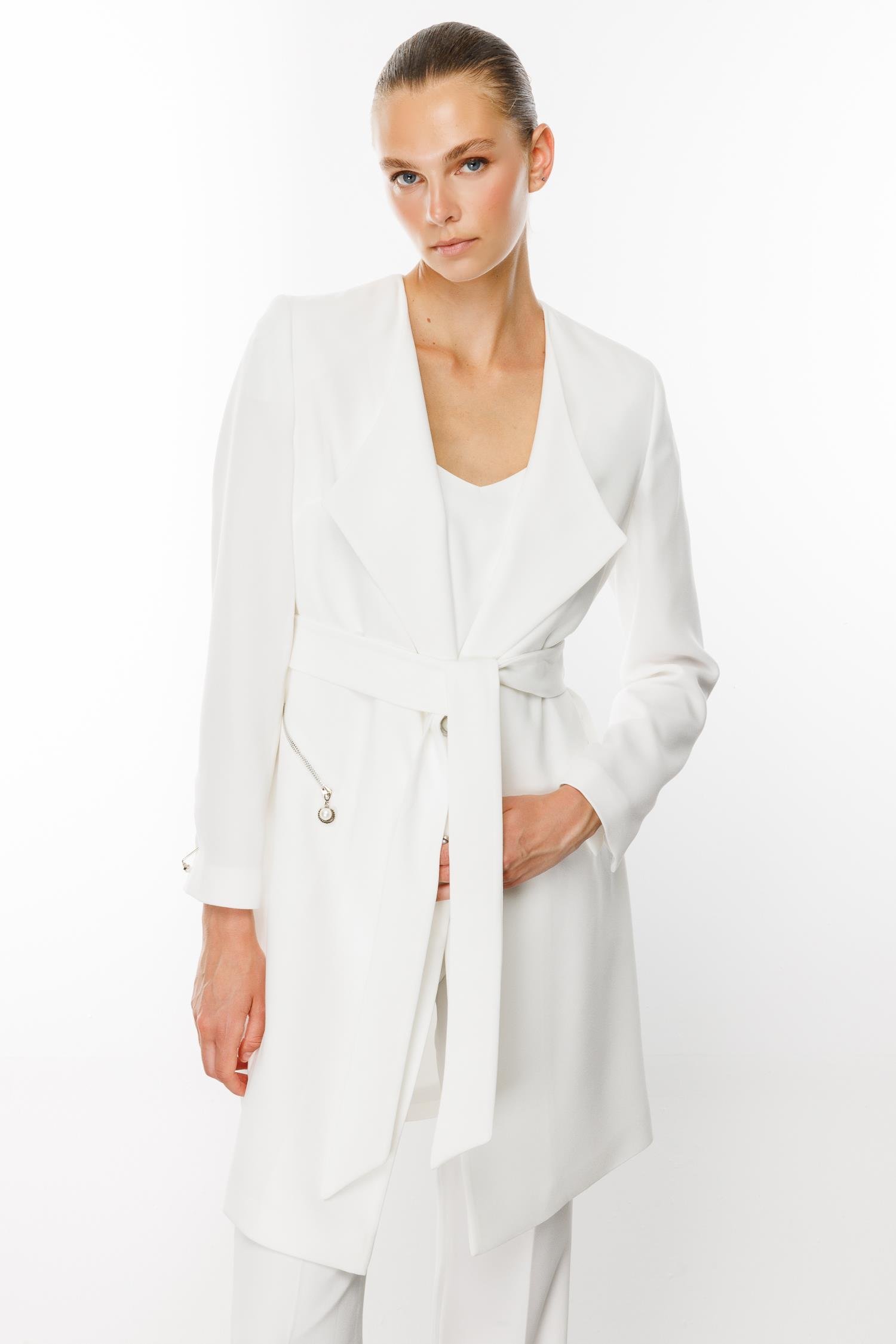 Modailgi  Şal Yaka Belden Kuşaklı Uzun Ceket Ekru