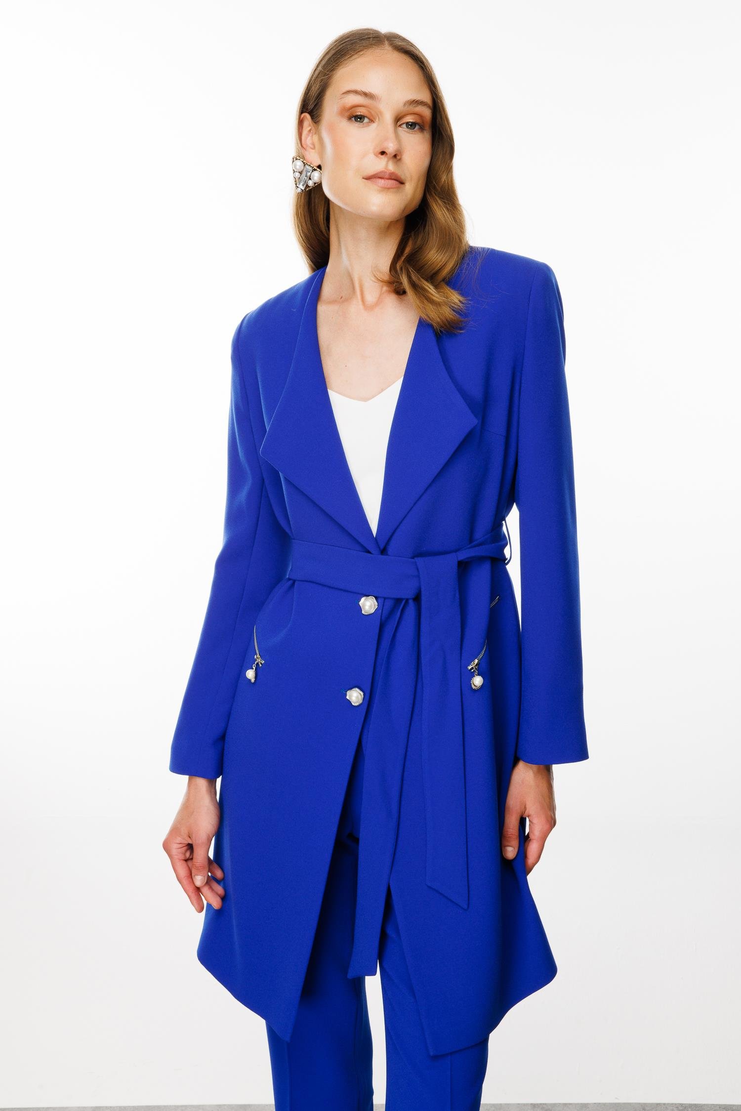 Modailgi  Şal Yaka Belden Kuşaklı Uzun Ceket Saks