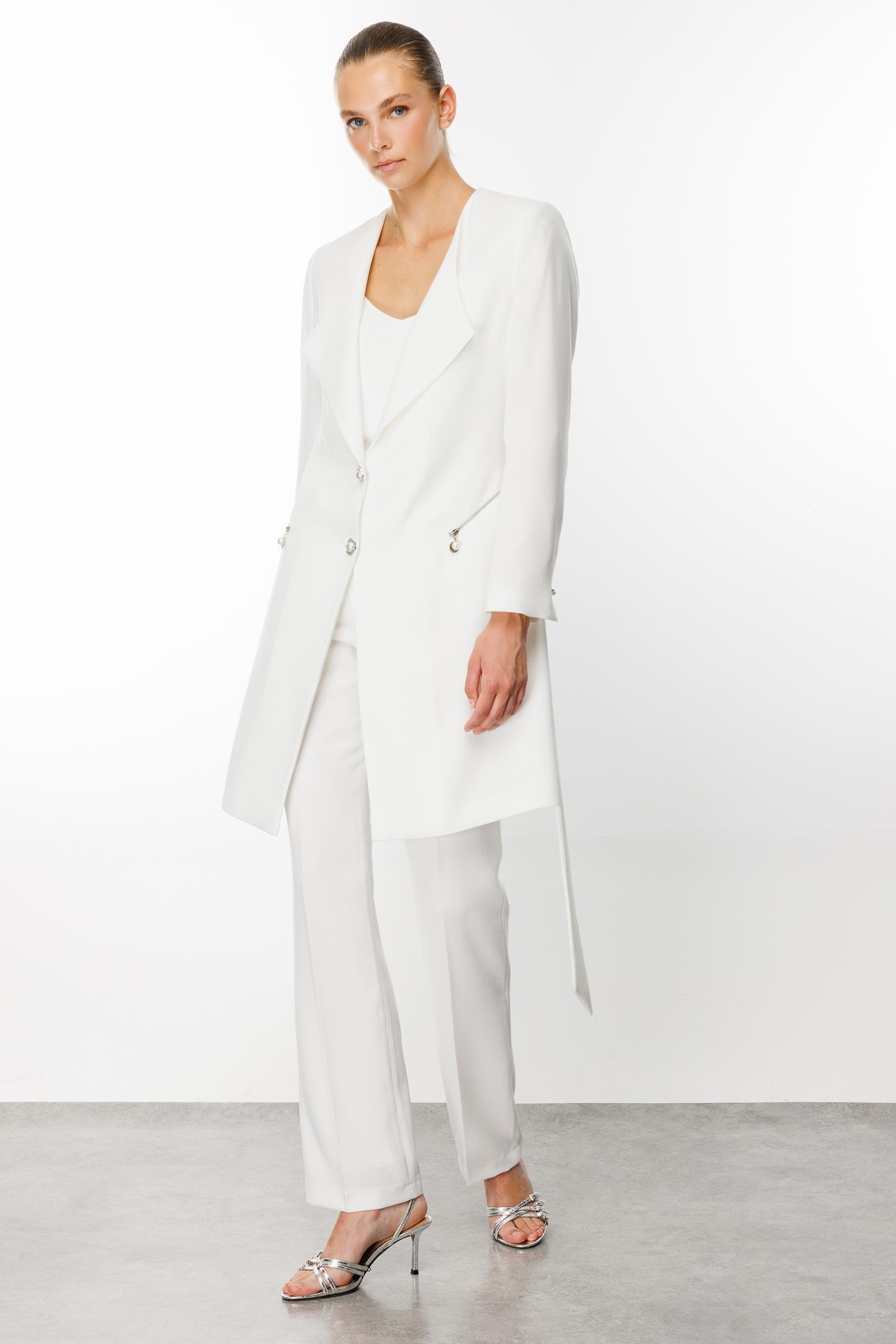 Modailgi  Şal Yaka Belden Kuşaklı Uzun Ceket Ekru