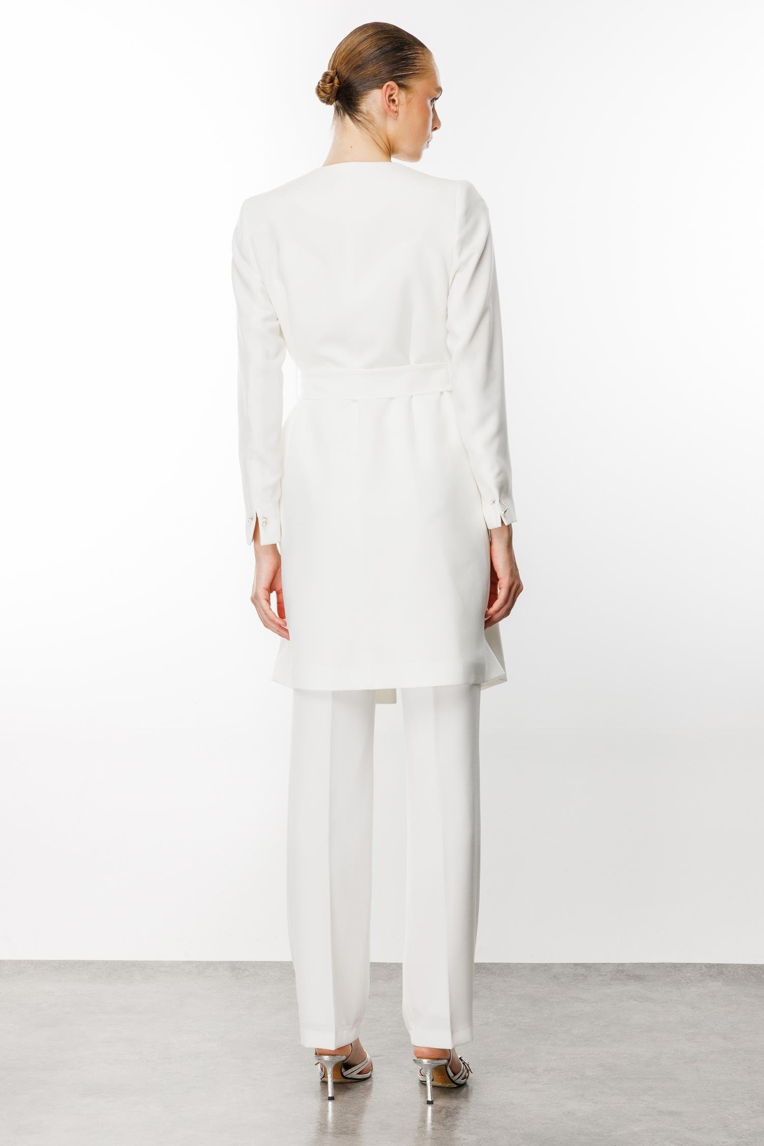 Modailgi  Şal Yaka Belden Kuşaklı Uzun Ceket Ekru