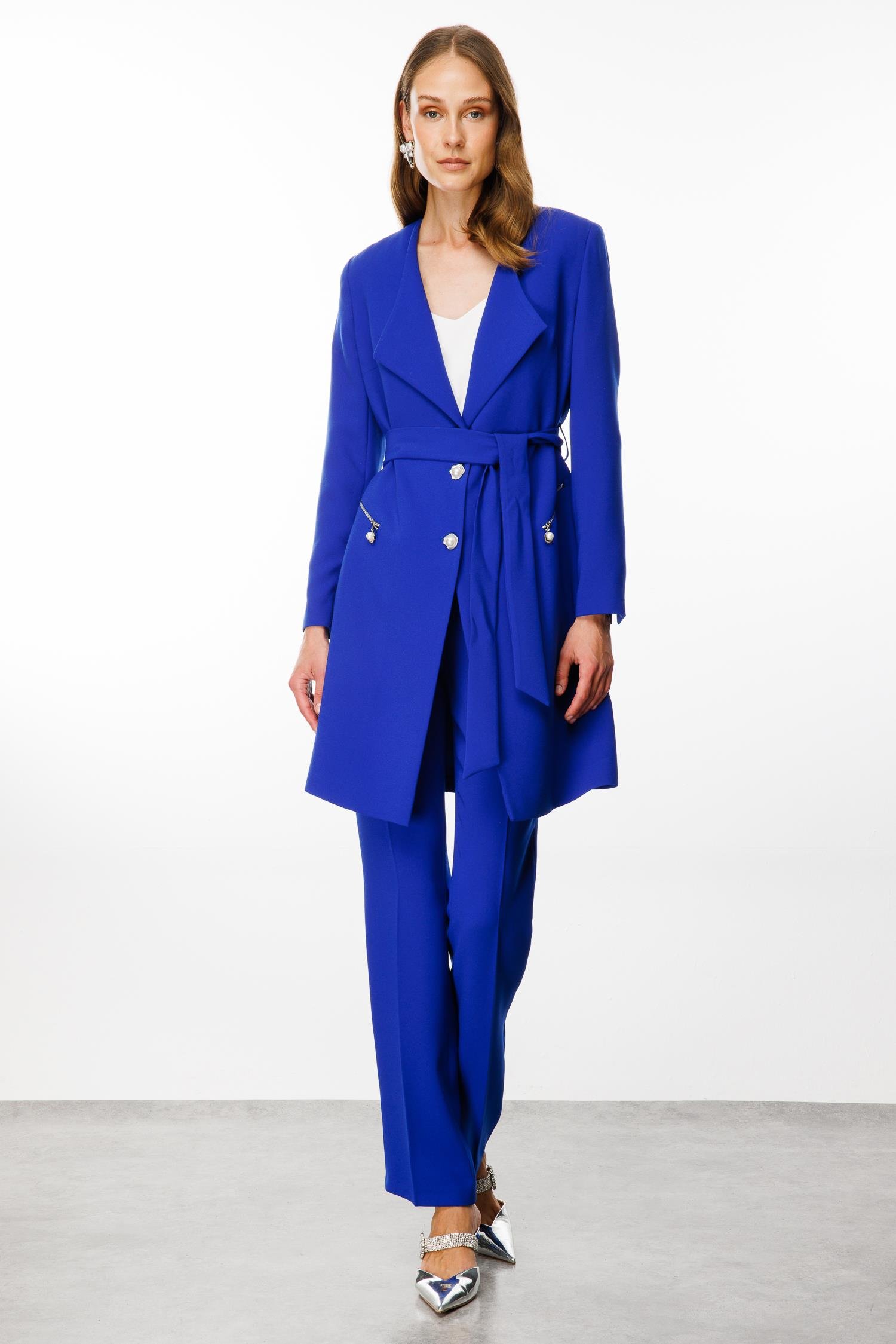 Modailgi  Şal Yaka Belden Kuşaklı Uzun Ceket Saks