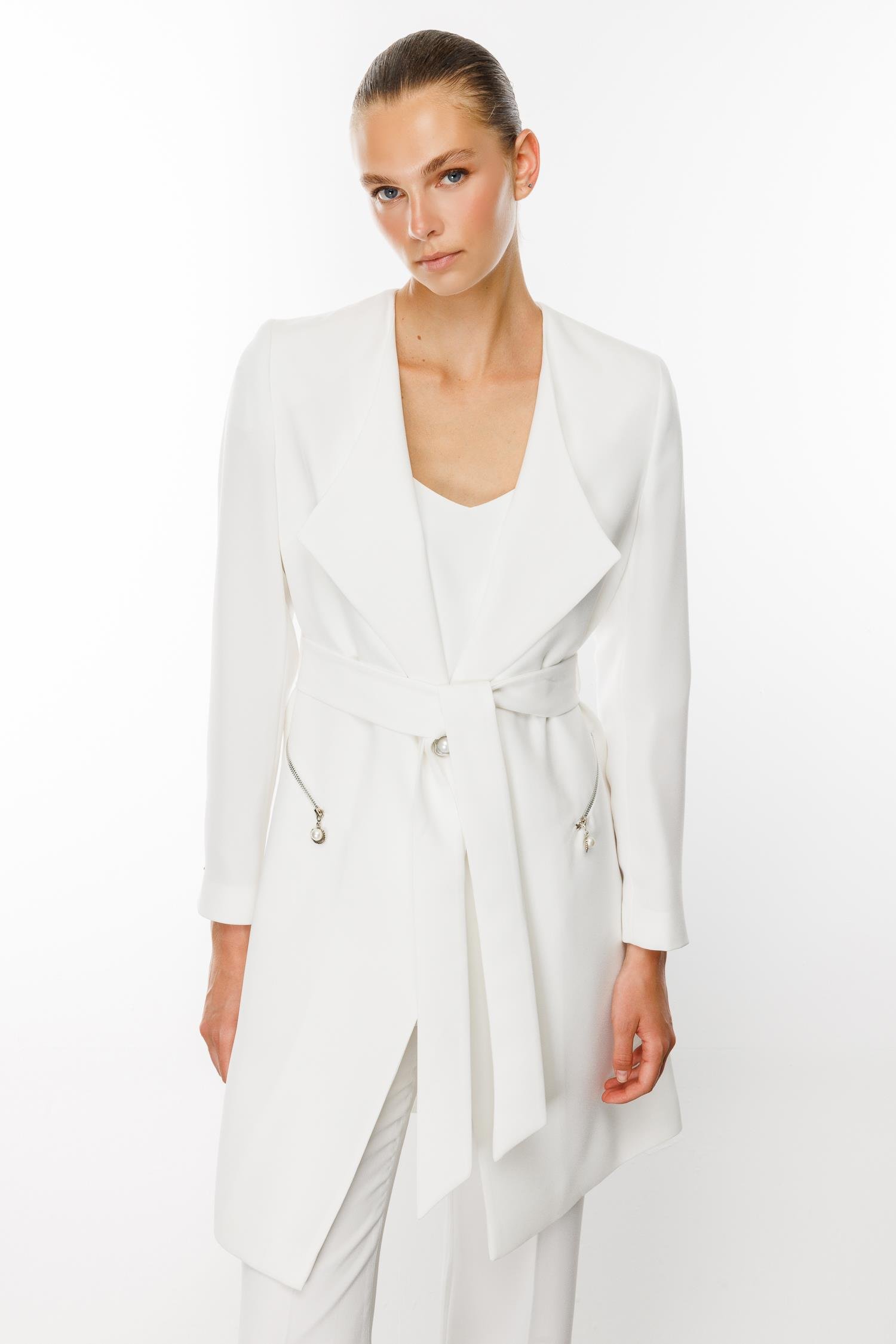 Modailgi  Şal Yaka Belden Kuşaklı Uzun Ceket Ekru