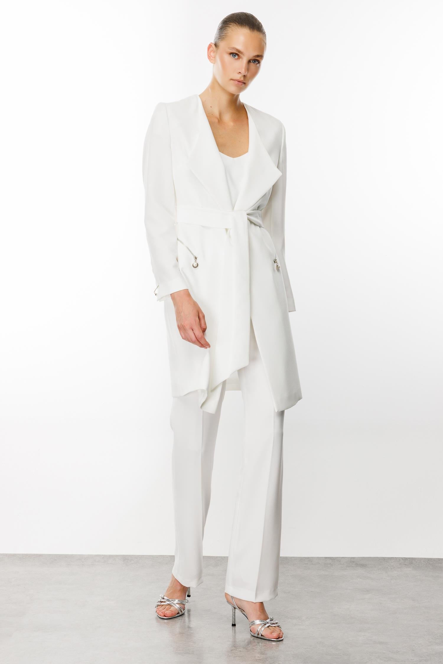 Modailgi  Şal Yaka Belden Kuşaklı Uzun Ceket Ekru