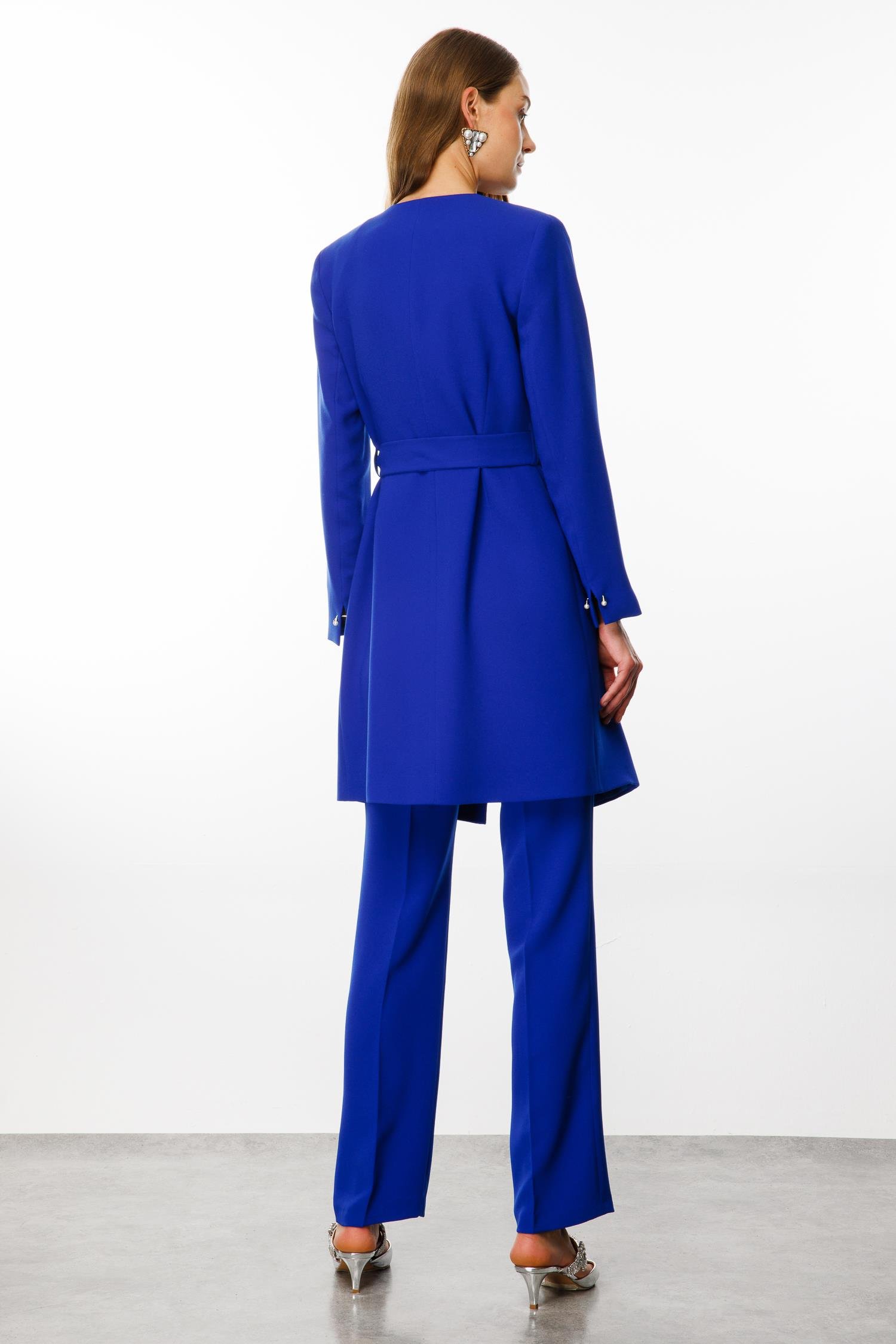 Modailgi  Şal Yaka Belden Kuşaklı Uzun Ceket Saks