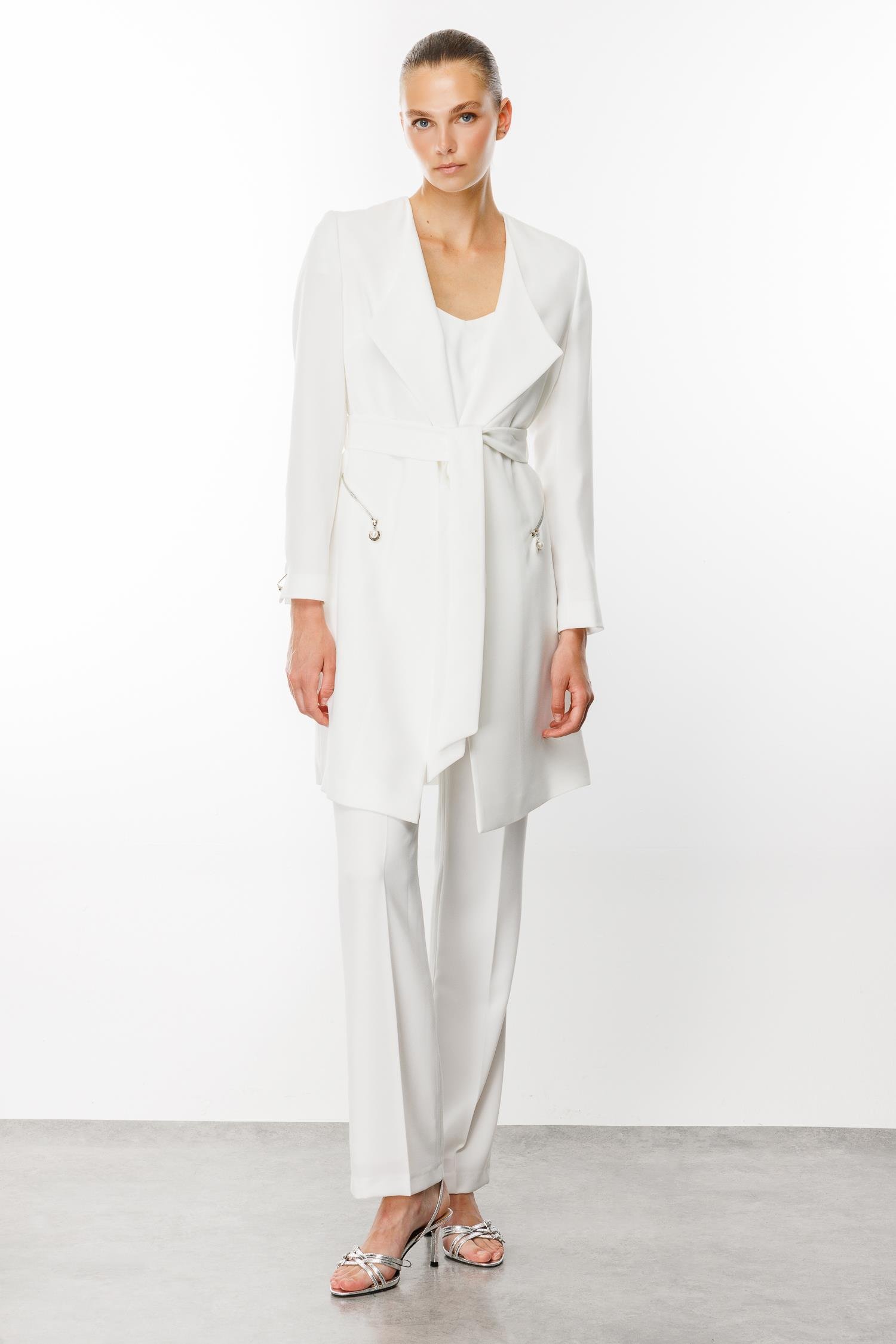 Modailgi  Şal Yaka Belden Kuşaklı Uzun Ceket Ekru