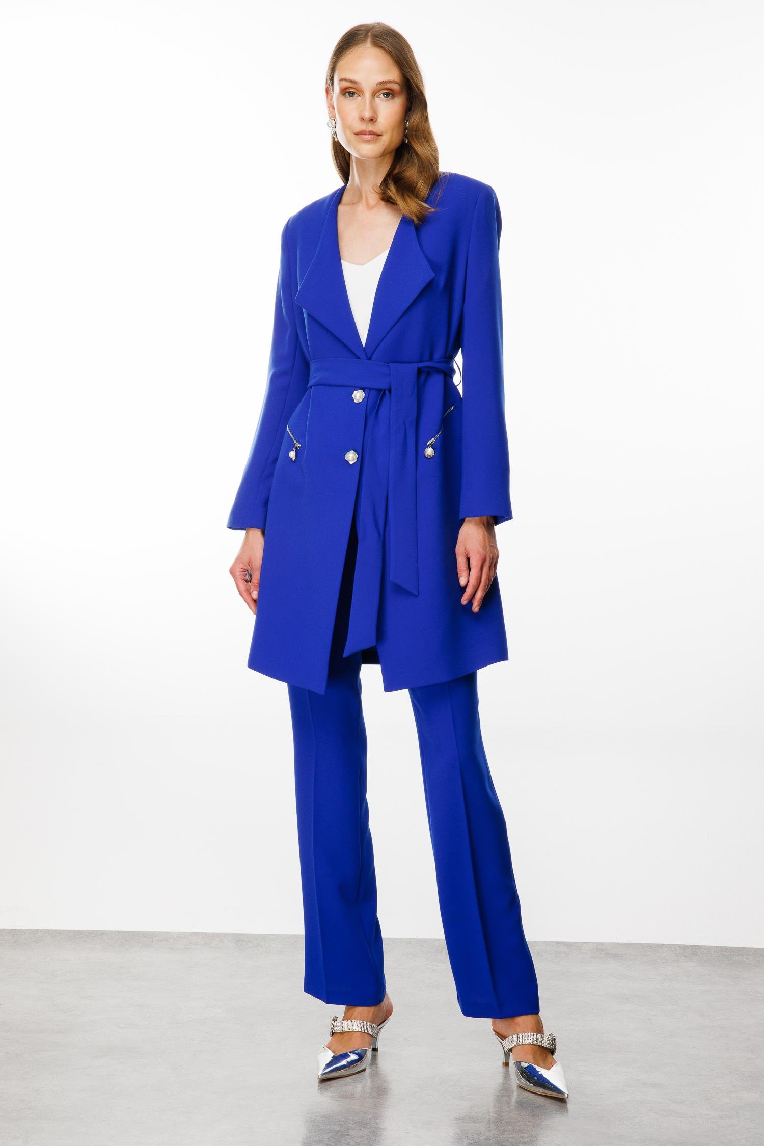 Modailgi  Şal Yaka Belden Kuşaklı Uzun Ceket Saks