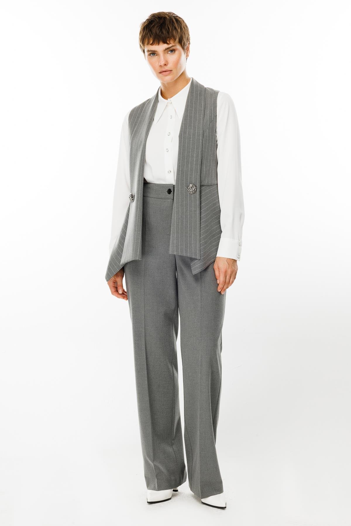 Modailgi  Şal Yaka Süs Düğme Detaylı Çizgili Yelek Gri