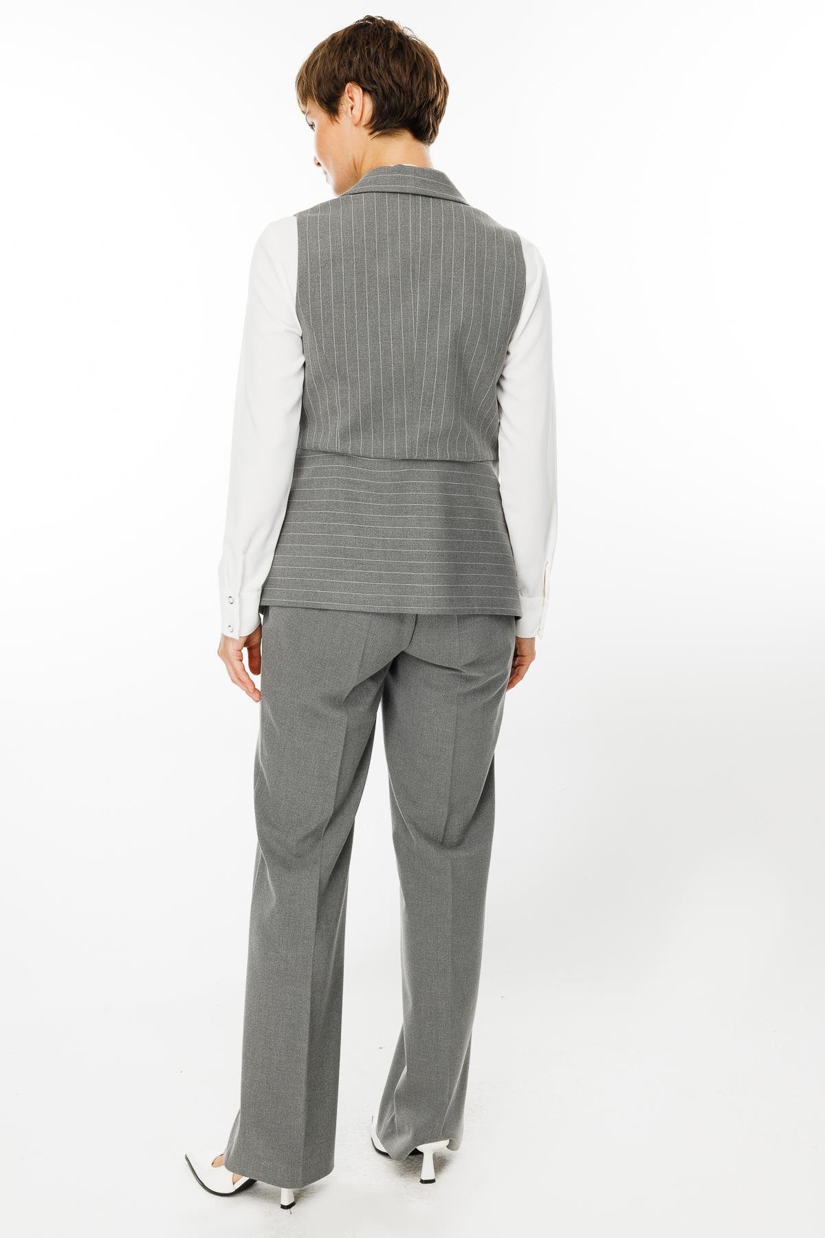 Modailgi  Şal Yaka Süs Düğme Detaylı Çizgili Yelek Gri