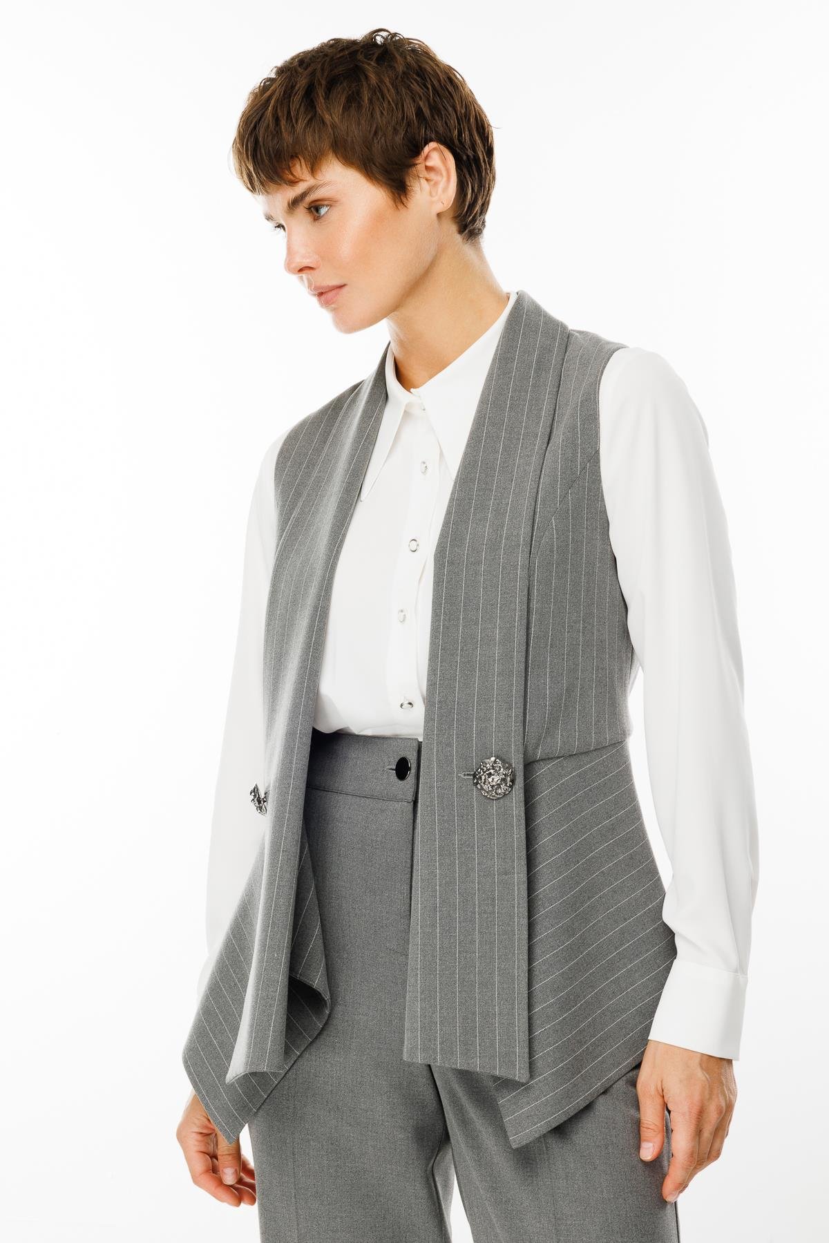 Modailgi  Şal Yaka Süs Düğme Detaylı Çizgili Yelek Gri