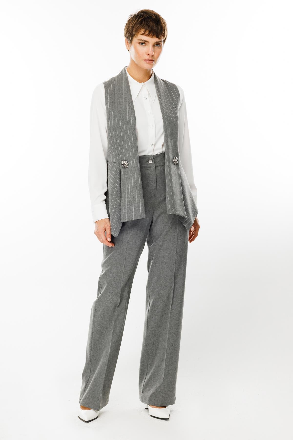 Modailgi  Şal Yaka Süs Düğme Detaylı Çizgili Yelek Gri