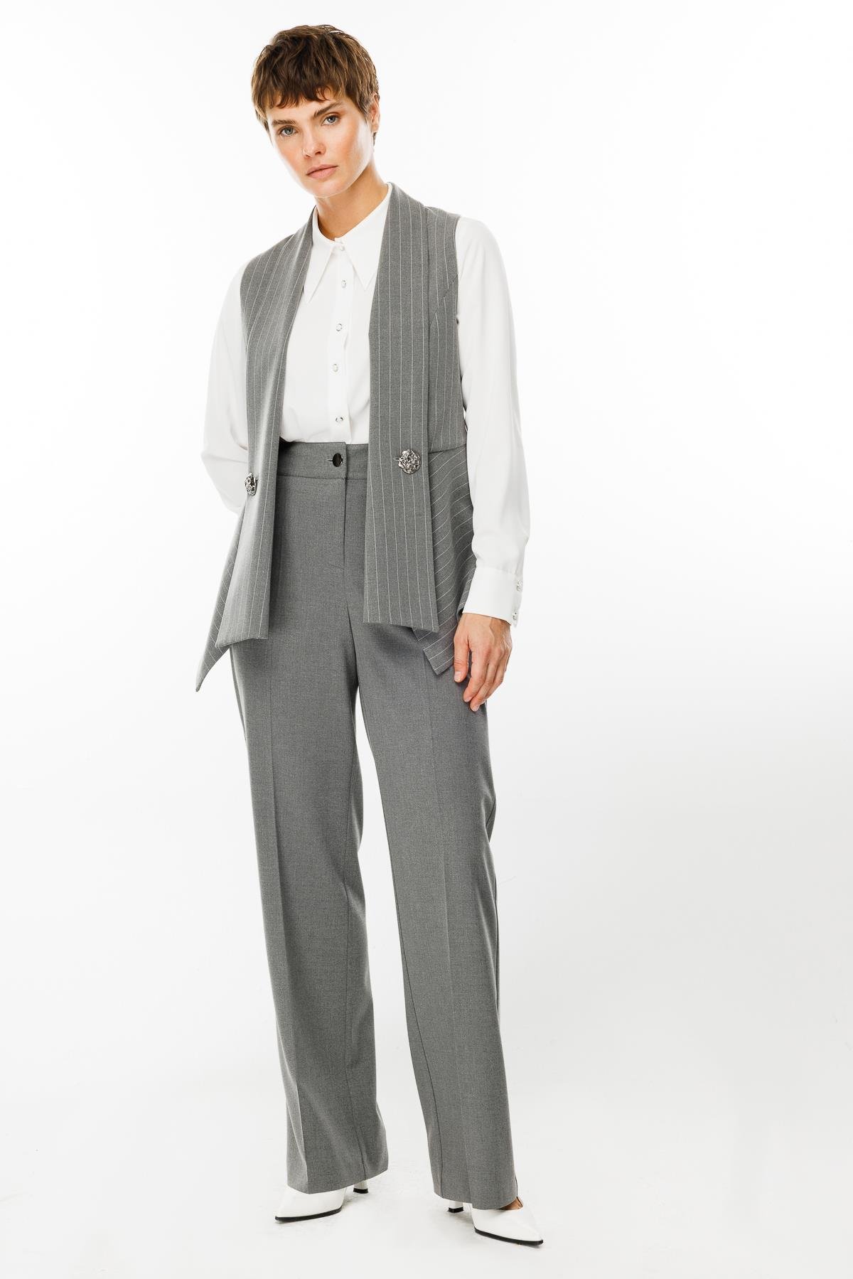 Modailgi  Şal Yaka Süs Düğme Detaylı Çizgili Yelek Gri