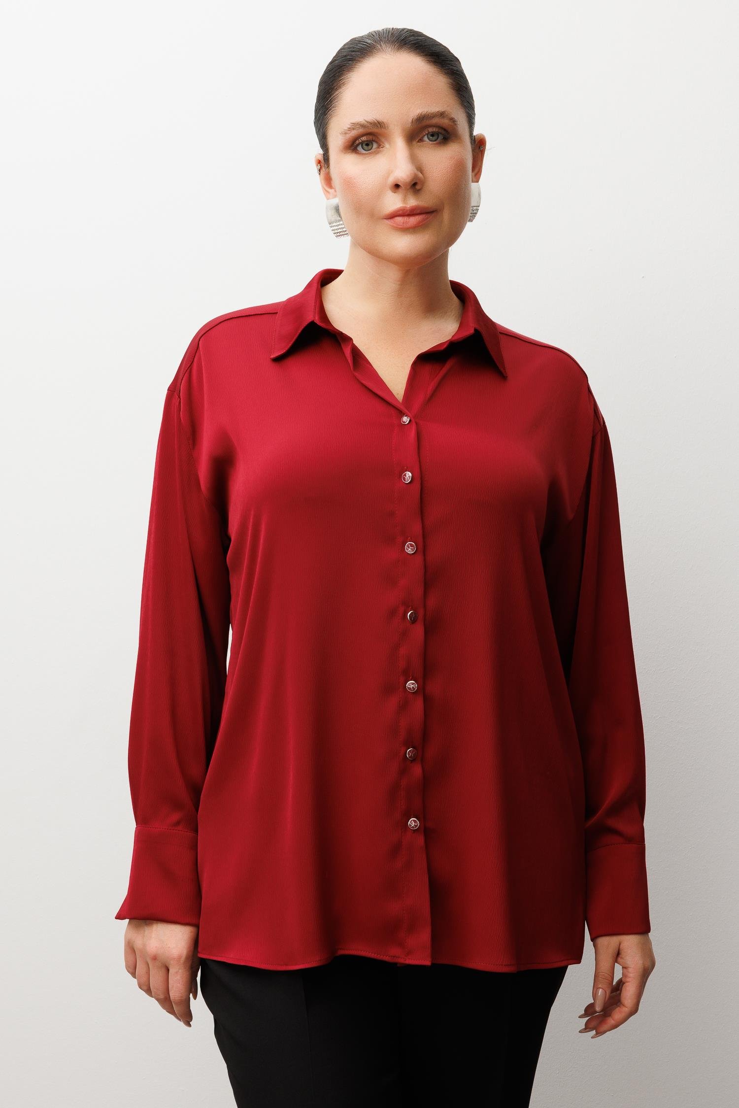 Modailgi  Salaş Kalıp Saten Gömlek Bordo