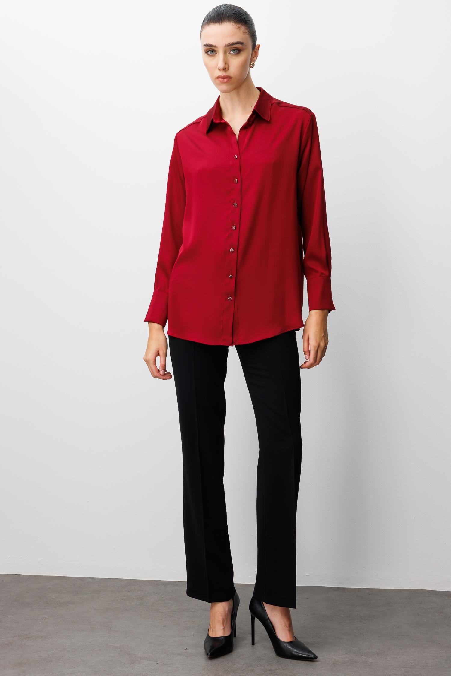 Modailgi  Salaş Kalıp Saten Gömlek Bordo