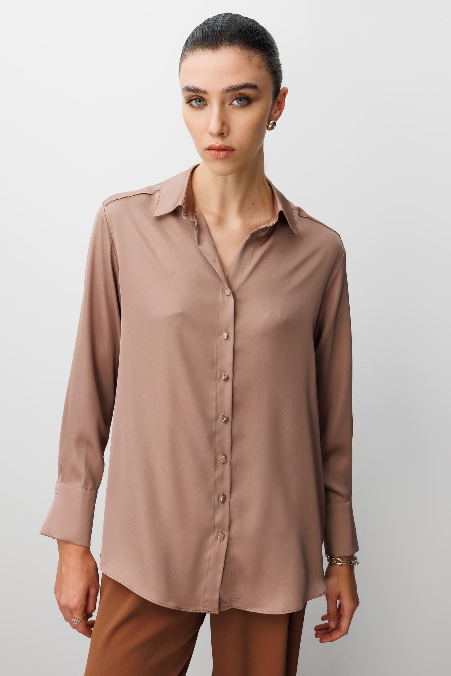 Modailgi  Salaş Kalıp Saten Gömlek Camel