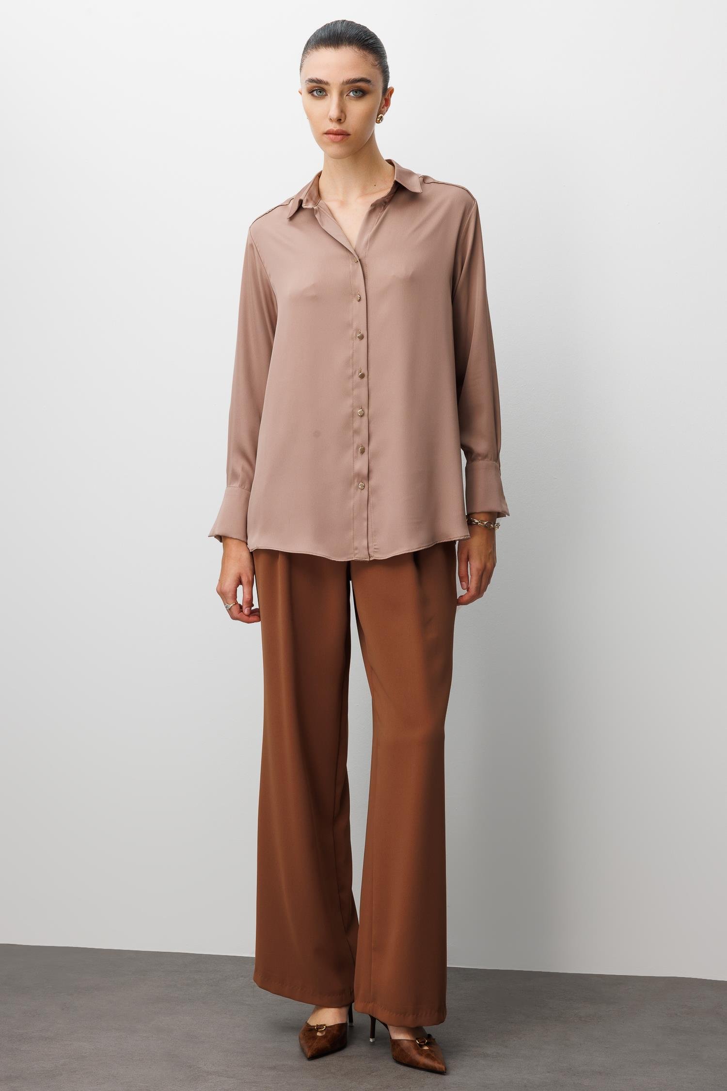 Modailgi  Salaş Kalıp Saten Gömlek Camel